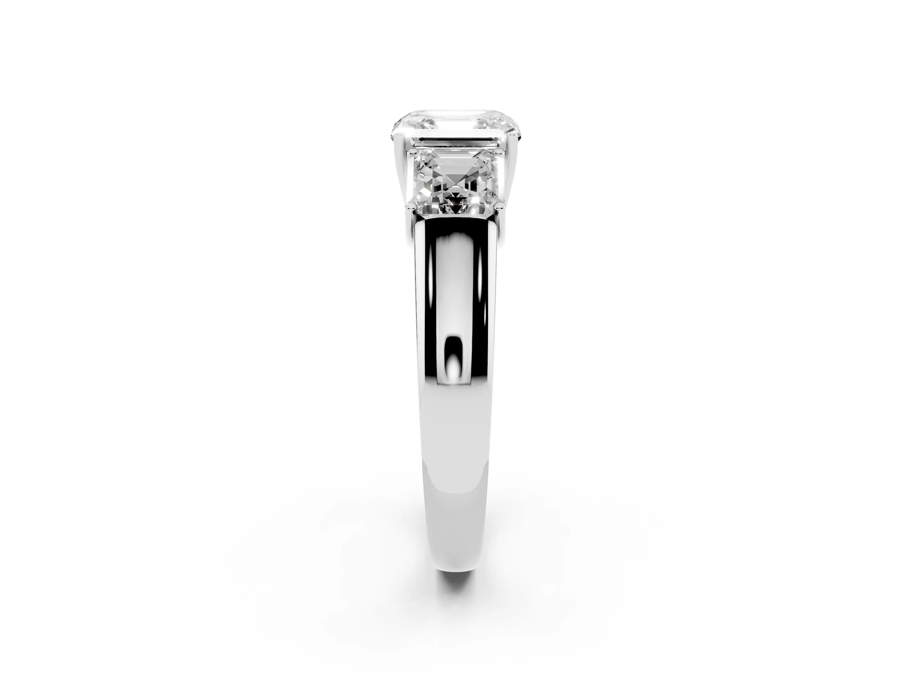 Three-Stone Asscher Cut Diamond Ring Set in White gold with Matching Prong Settings and Plain Band