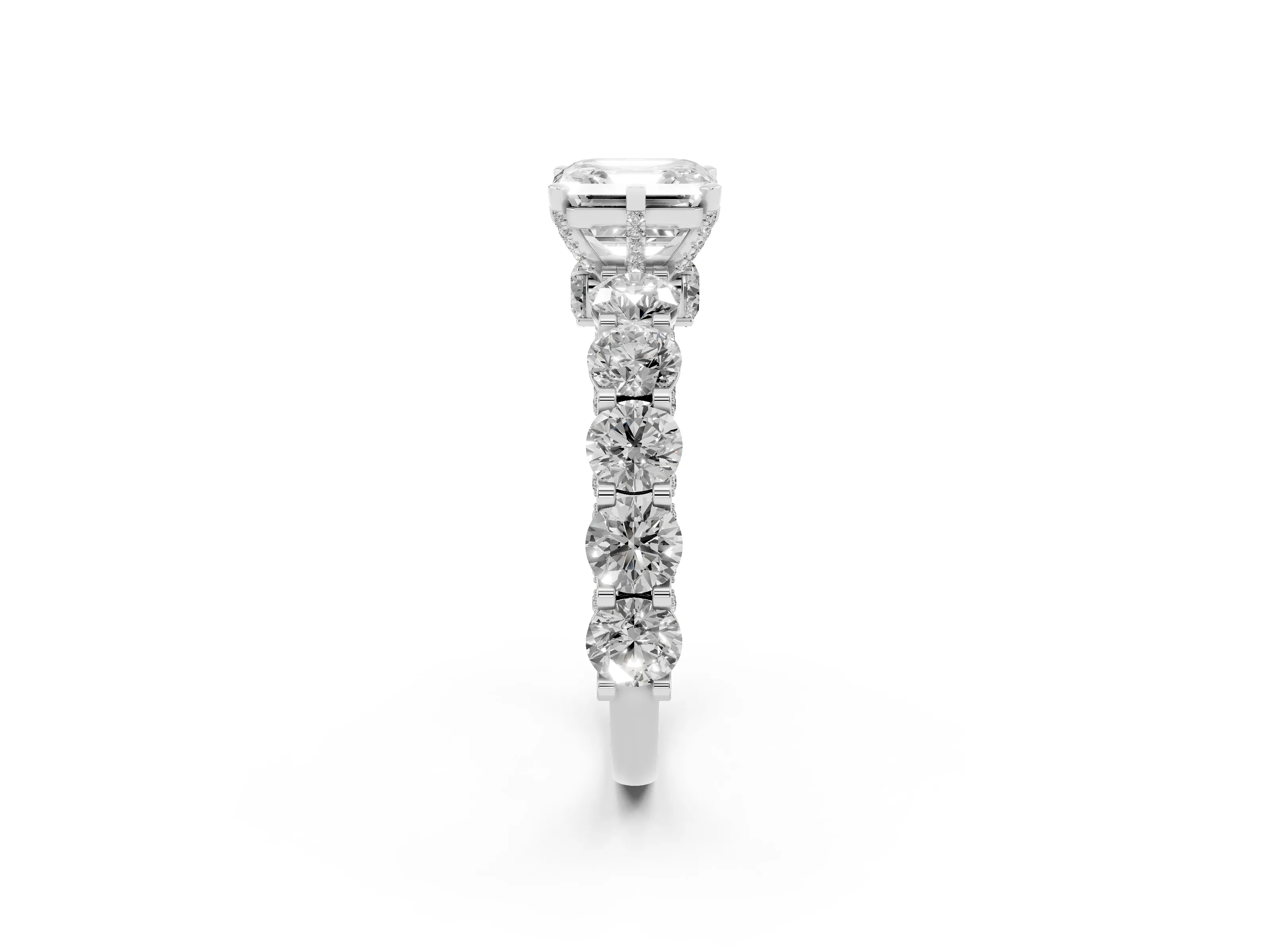 Asscher Cut Diamond Side Stone Ring Set in Platinum with Alternating Round and Oval Side Stones