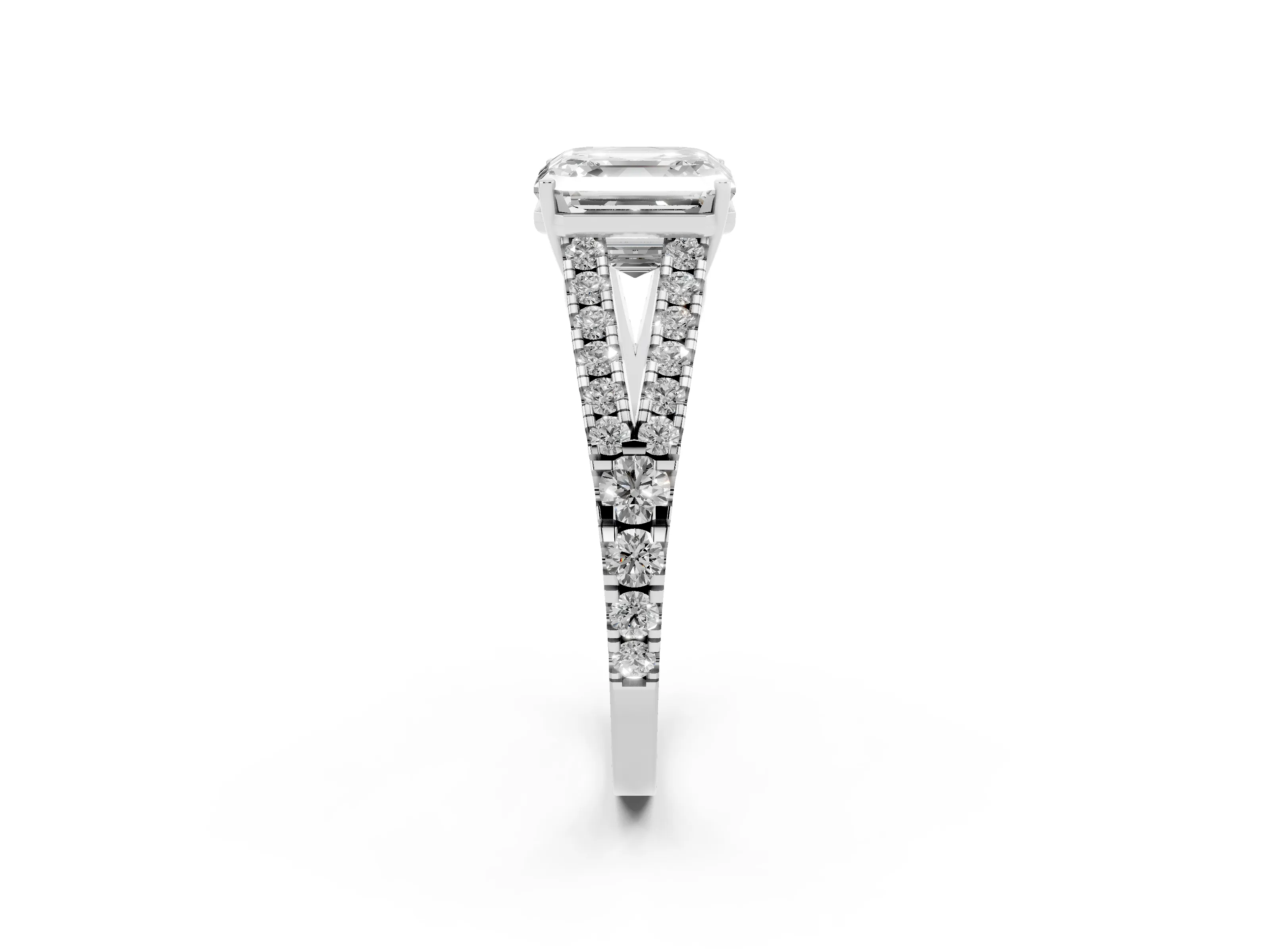 Asscher Cut Diamond Split Shank Engagement Ring Set in Platinum with Round Pavé and Prong Setting