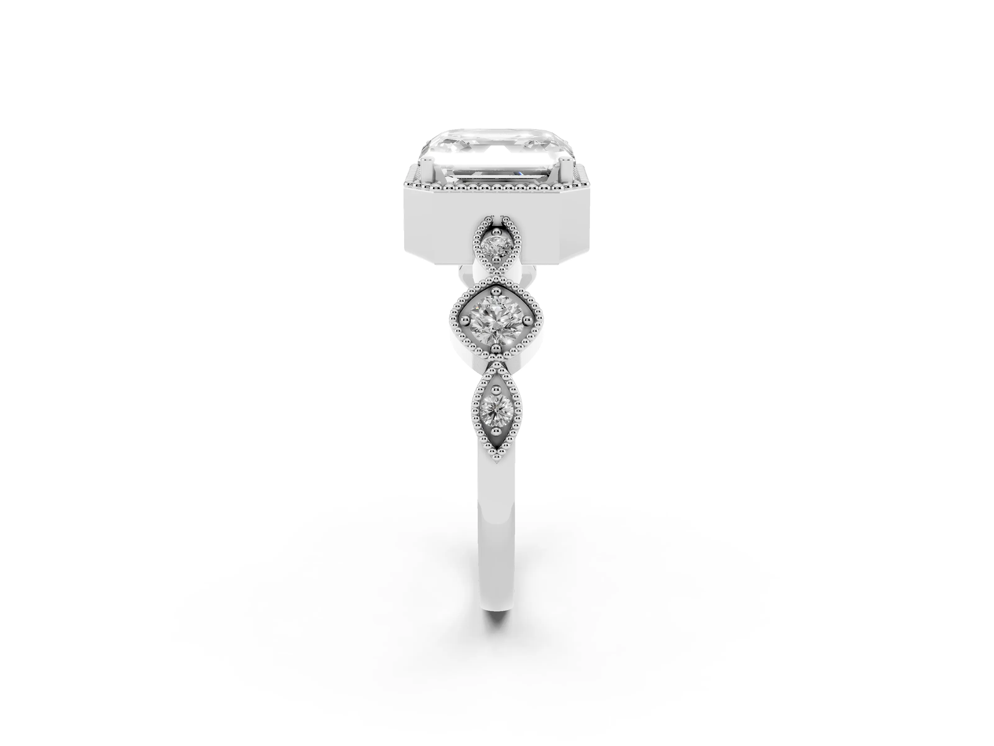 Asscher Cut Diamond Vintage-Inspired Milgrain Ring Set in White gold with Marquise Stations of Round Accents
