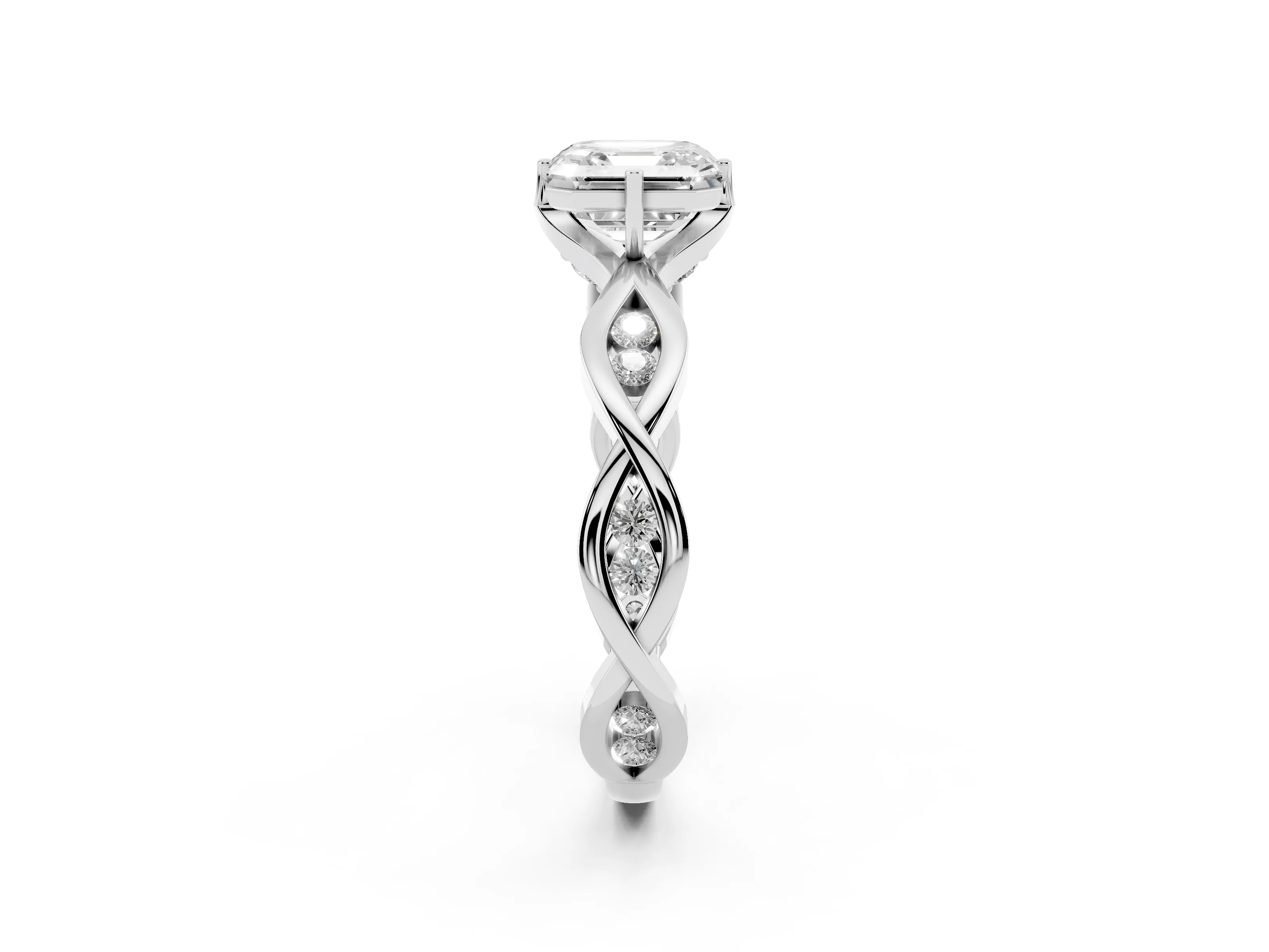 Asscher Cut Diamond Twist Band Solitaire Ring Set in White gold with Leaf Prong Setting and Accent Stones