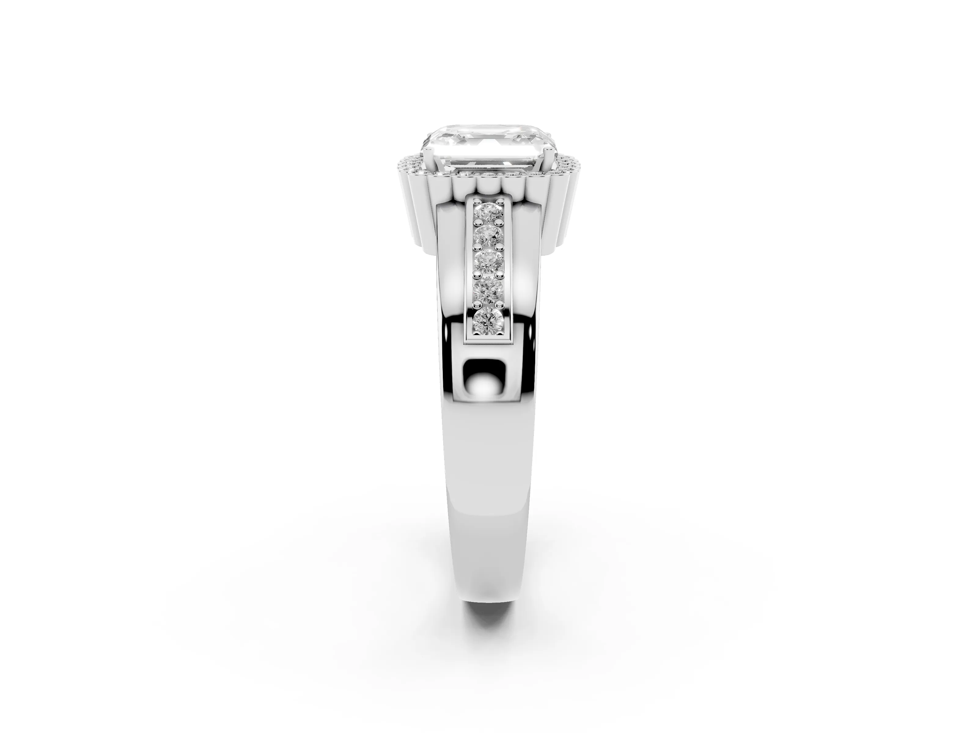 Asscher Cut Diamond Halo Prong Ring Set in Platinum with Pavé Band