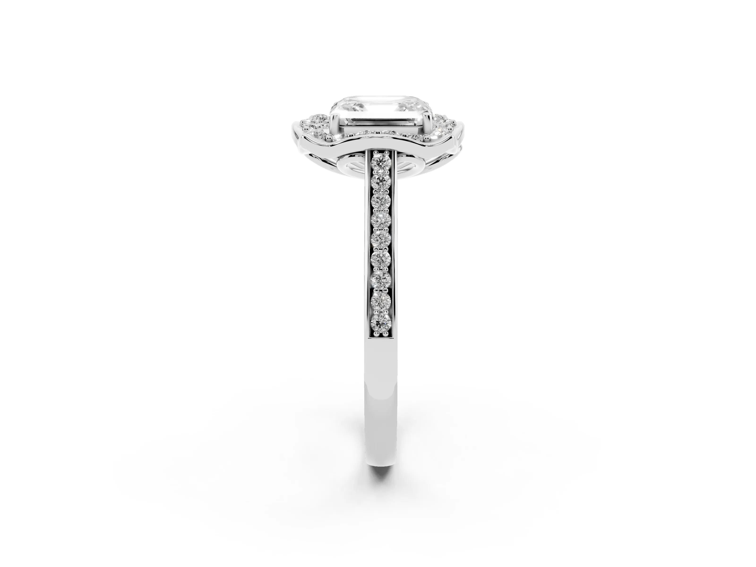 Asscher Cut Diamond Halo Ring Set in Silver with Pavé-Lined Shoulders and Prong Setting