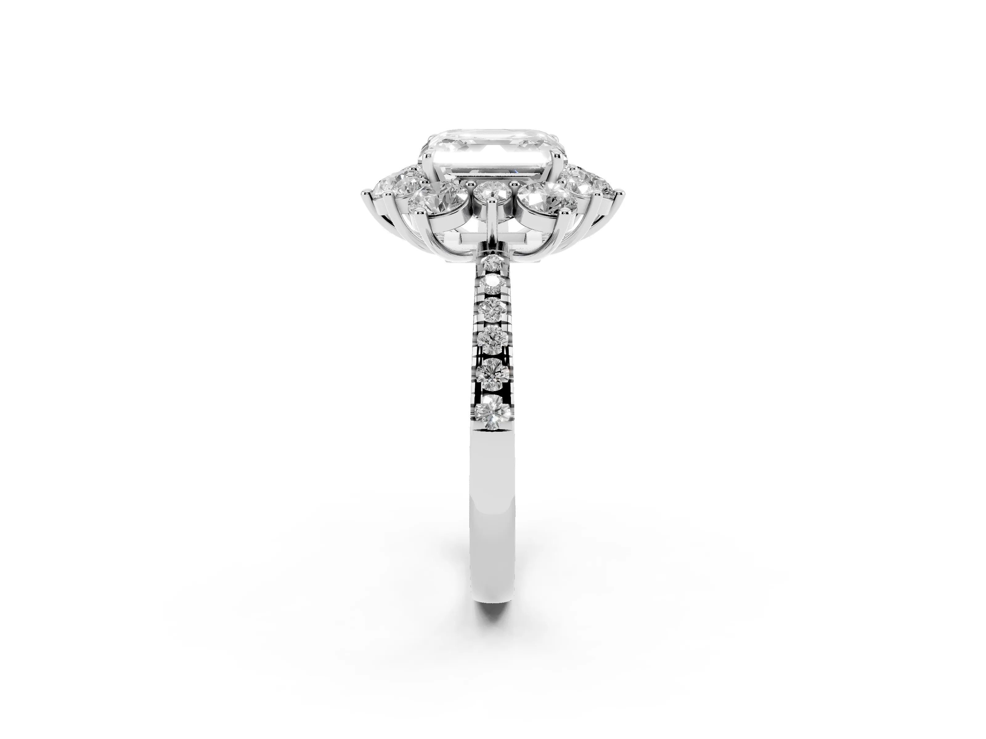 Asscher Cut Diamond Floral Halo Ring Set in Platinum with Round Pavé Band and Prong Setting