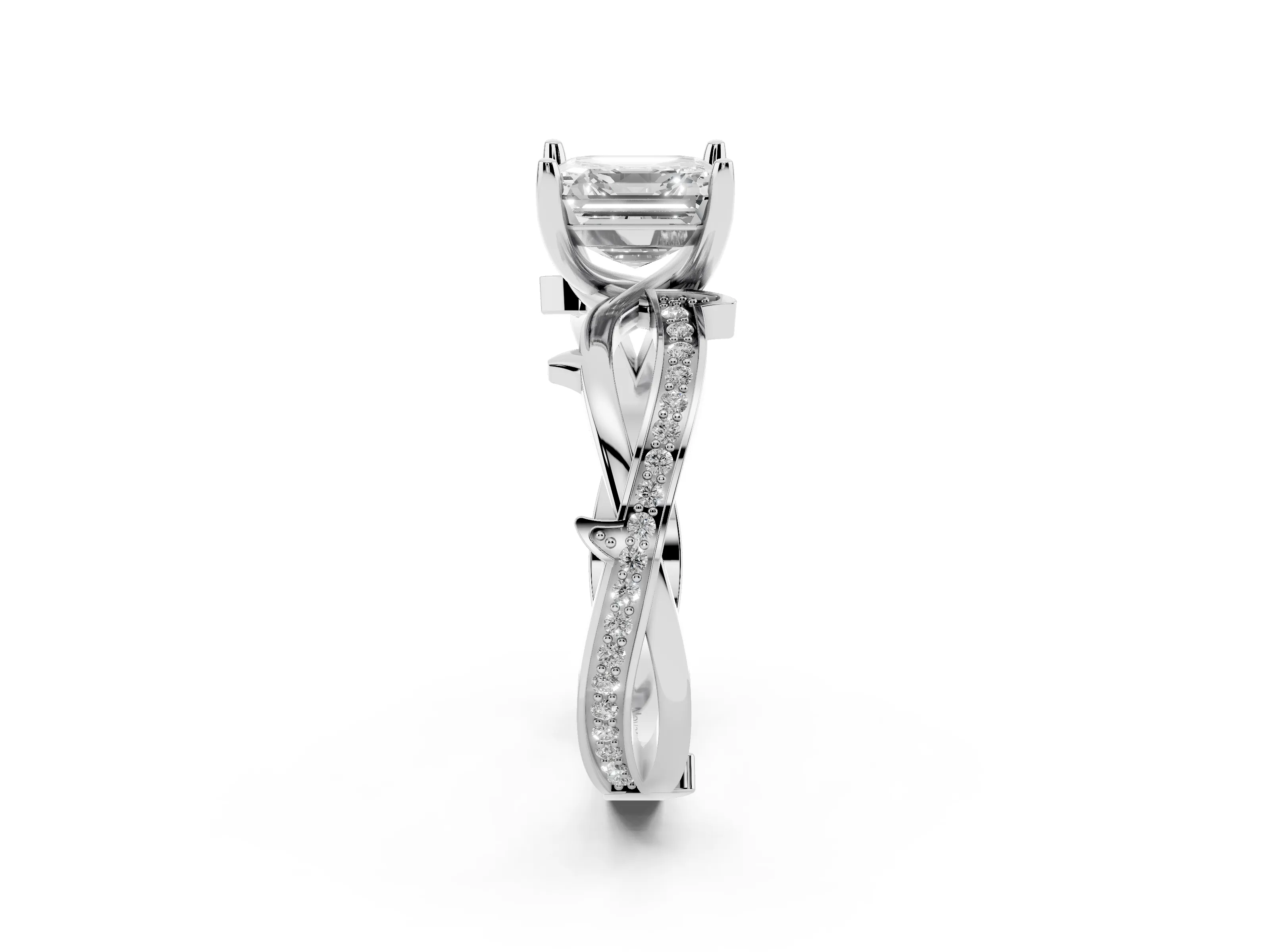 Asscher Cut Diamond Pavé Twist Band Solitaire Ring Set in White gold with Prong Setting