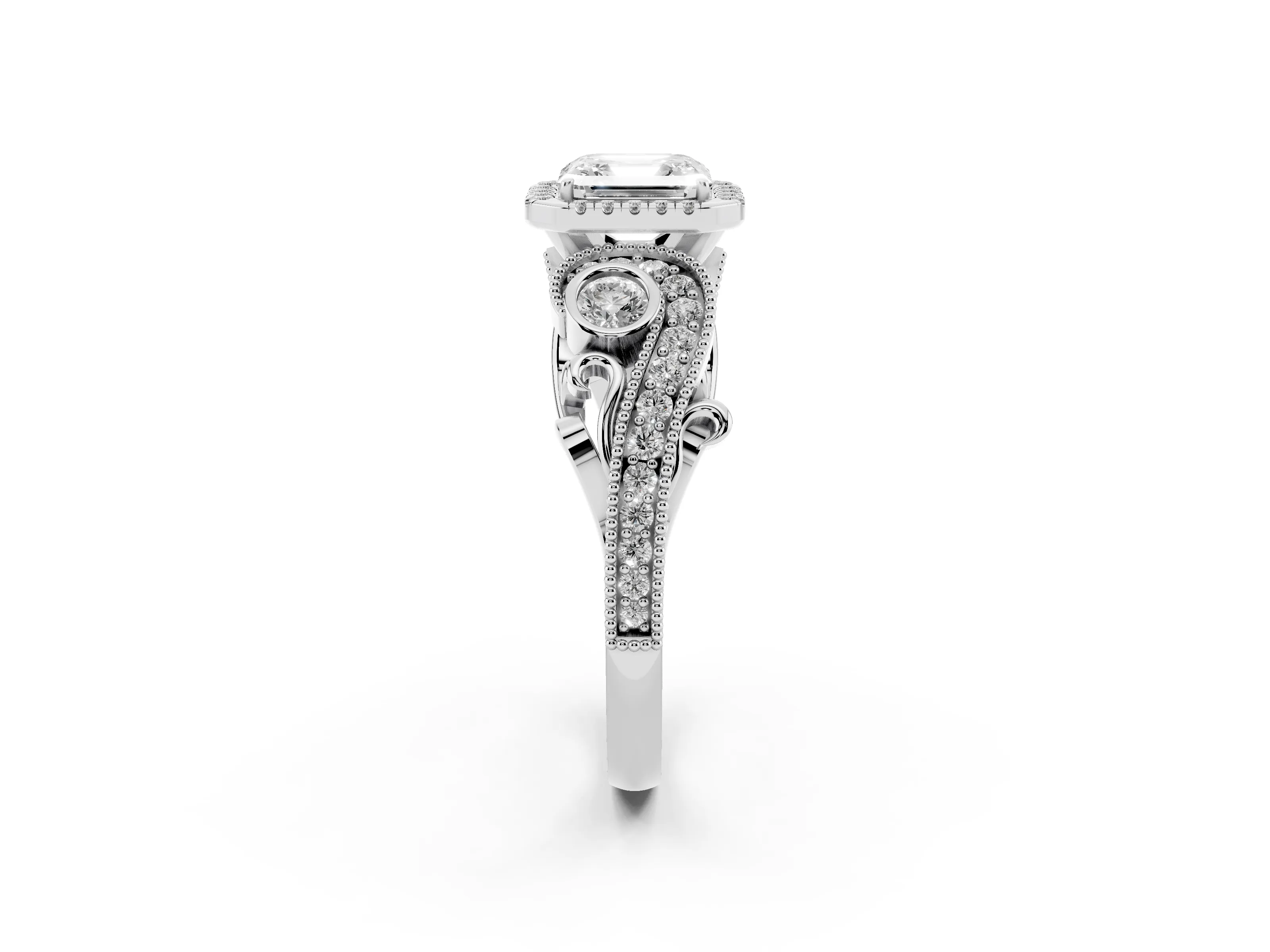 Asscher Cut Diamond Halo Ring Set in White gold with Milgrain Pavé Band and Prong Setting