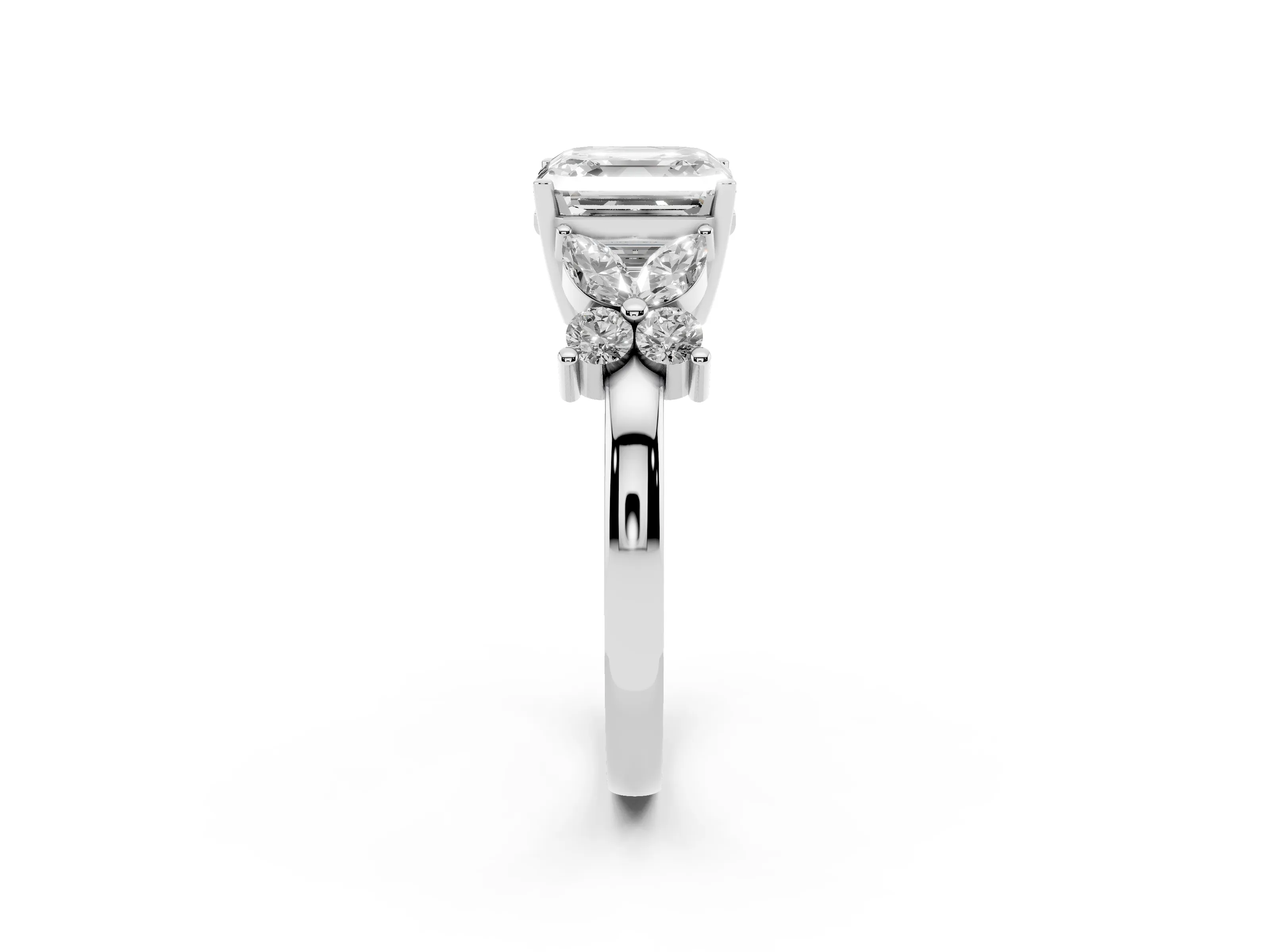 Asscher Cut Diamond Floral Cluster Ring Set in Silver with Marquise Petals and Prong Setting