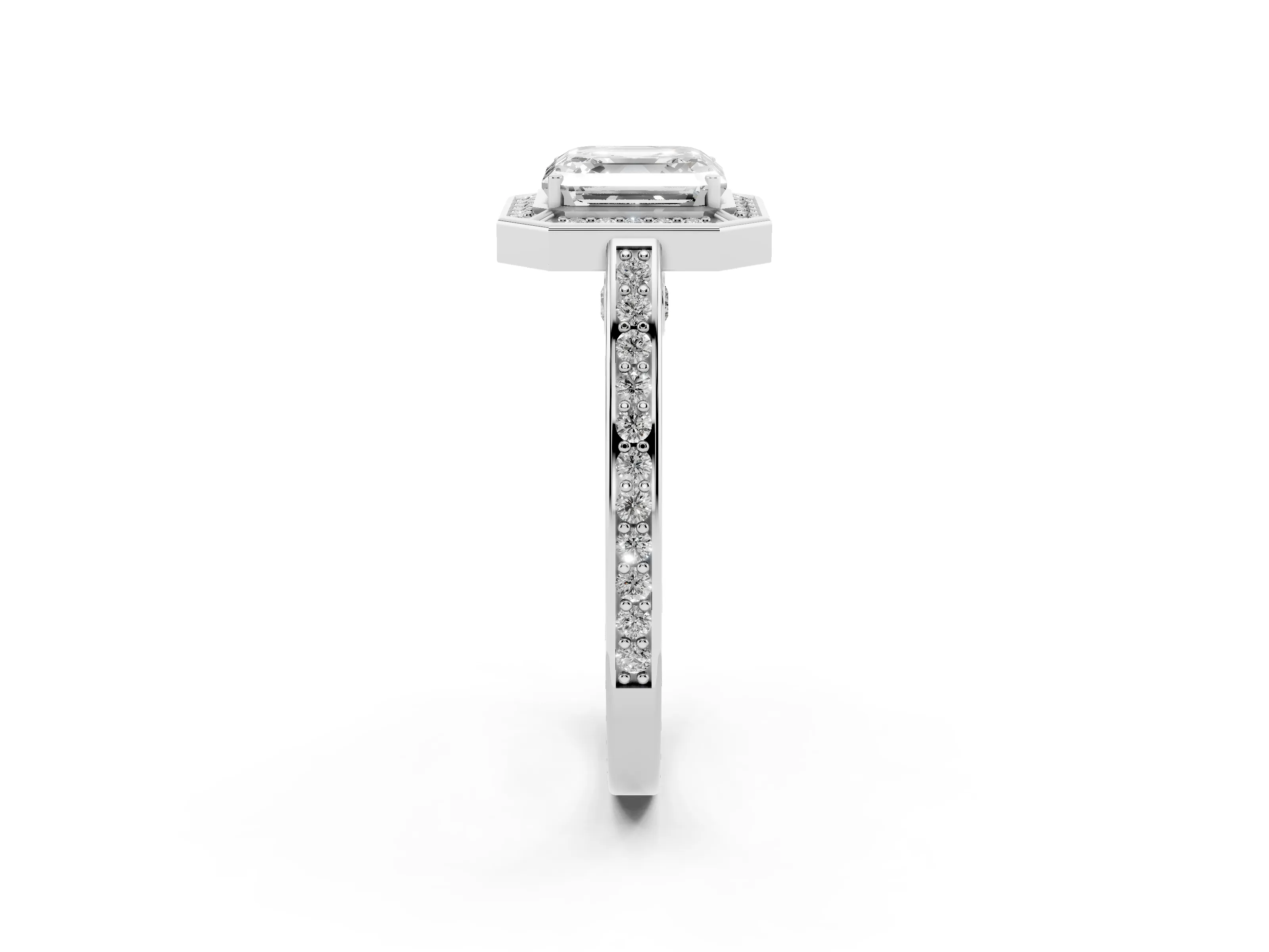 Asscher Cut Diamond Halo Pavé Split Shank Ring Set in White gold with Prong Setting