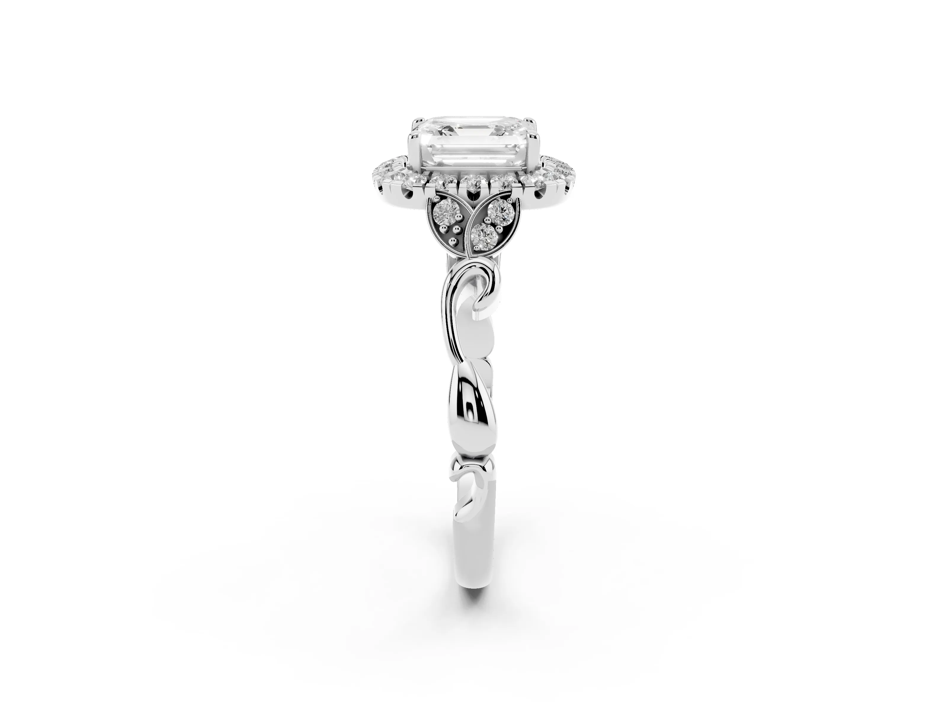 Asscher Cut Diamond Halo Engagement Ring Set in Platinum with Vintage-Inspired Band and Prong Setting