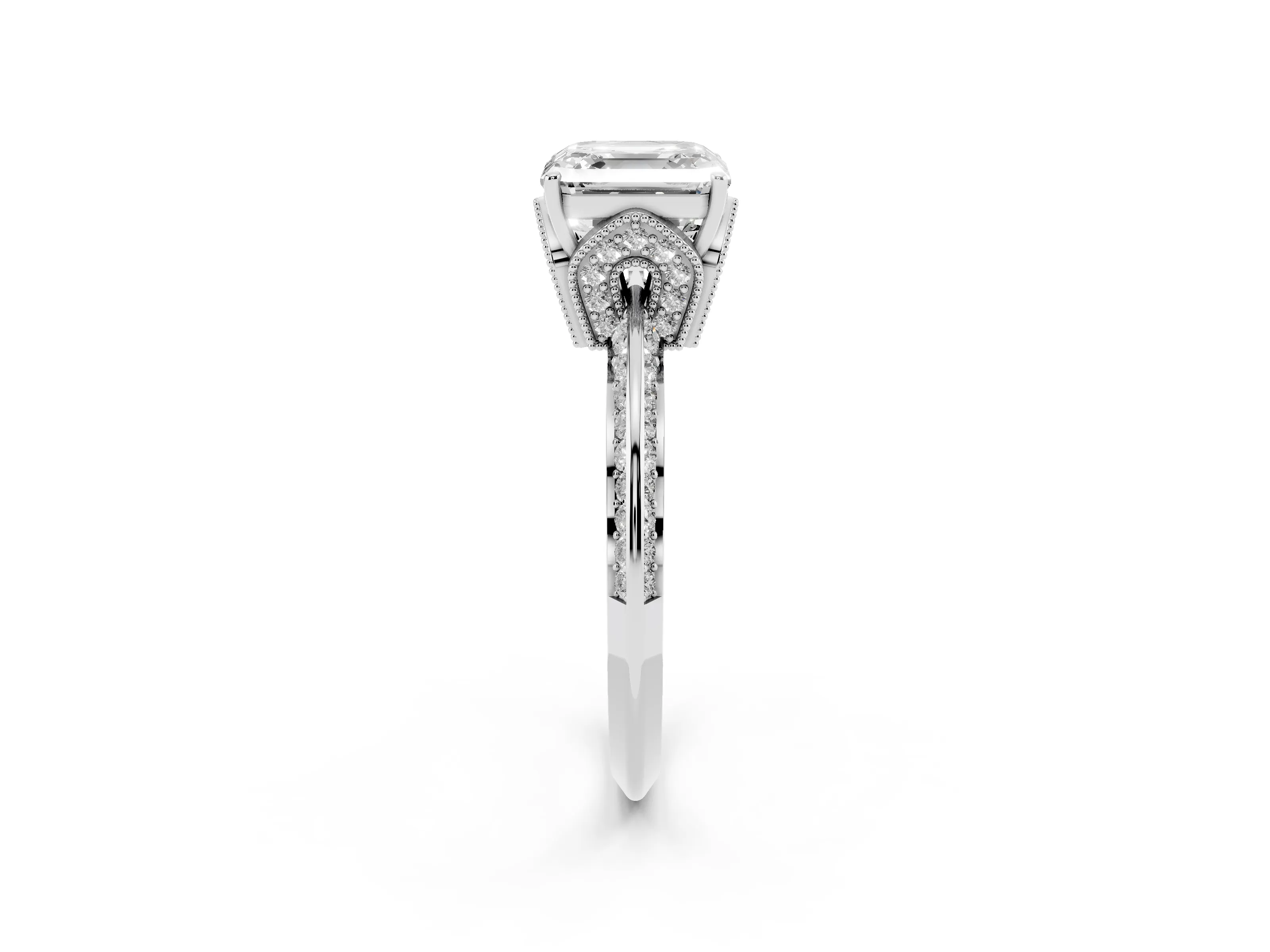 Asscher Cut Diamond Solitaire Engagement Ring Set in Platinum with Pavé Split Shank and Prong Setting