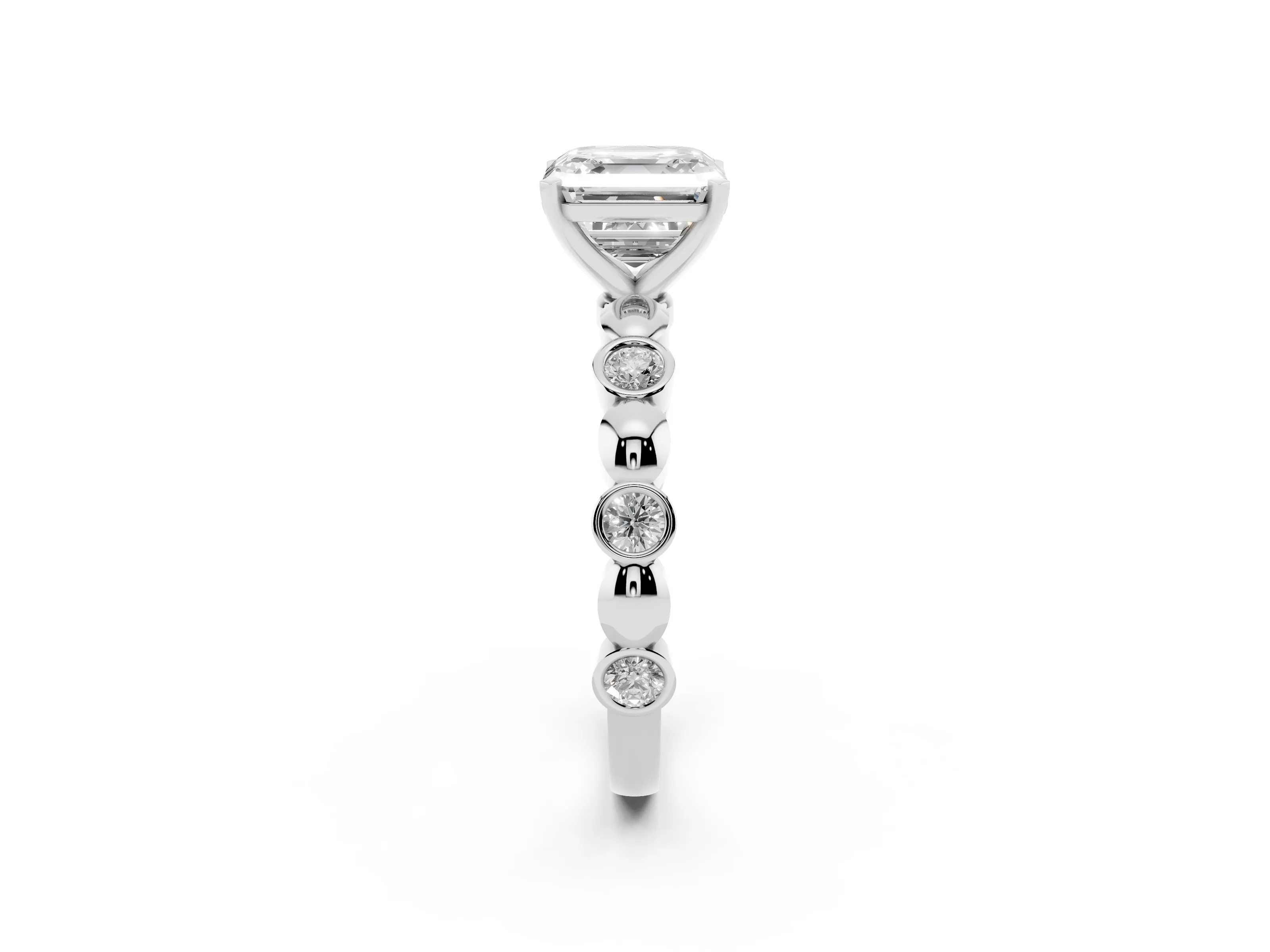 Asscher Cut Diamond Solitaire Ring Set in Silver with Bezel-Set Accents on Beaded Band and Prong Setting