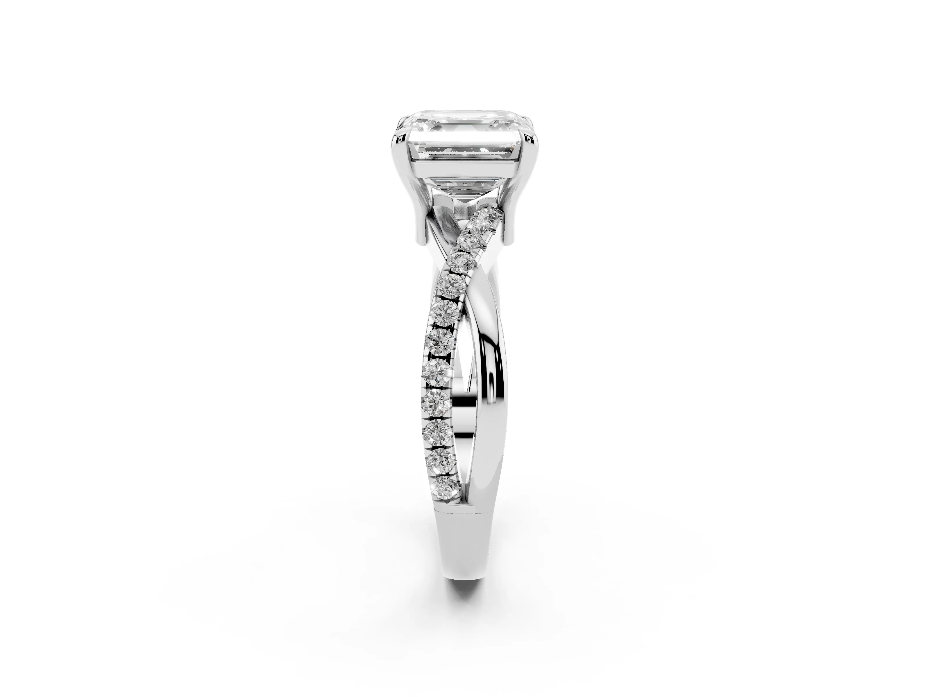 Asscher Cut Diamond Twist Band Pavé Solitaire Ring Set in Platinum with Prong Setting