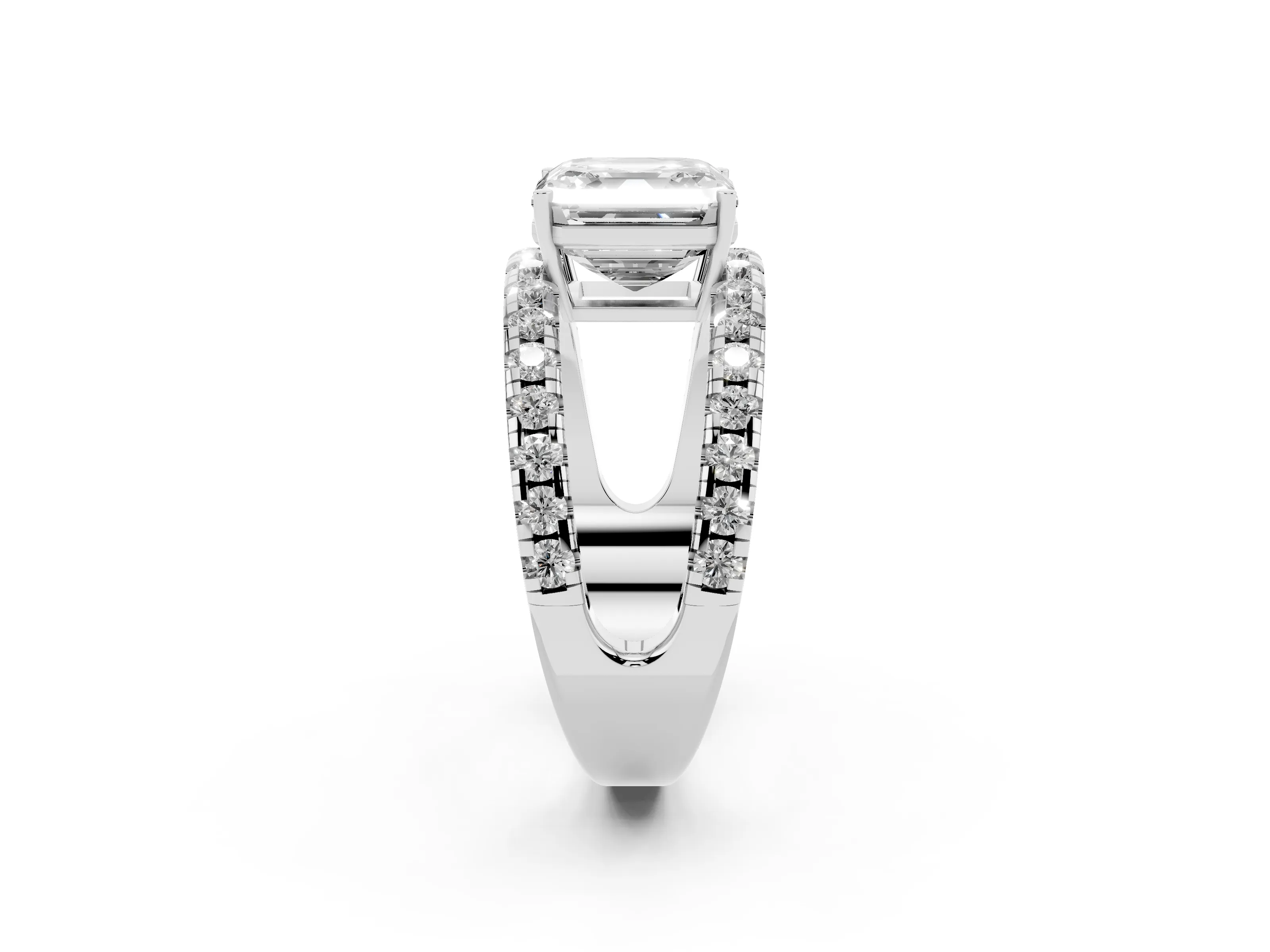 Asscher Cut Diamond Split Shank Pavé Solitaire Ring Set in Platinum with Open Shank Design