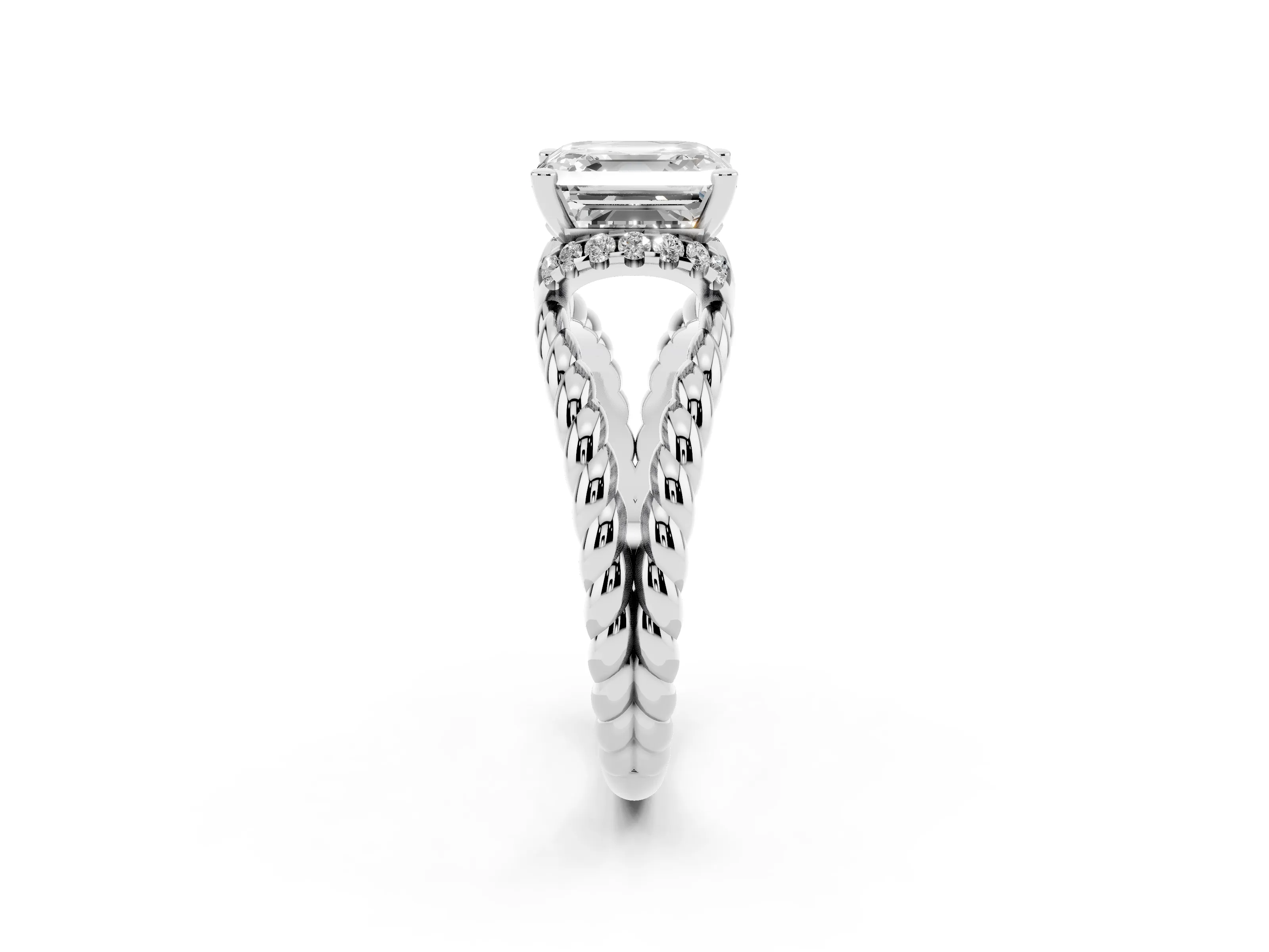 Asscher Cut Diamond Halo Ring Set in White gold with Twisted Band and Prong Setting