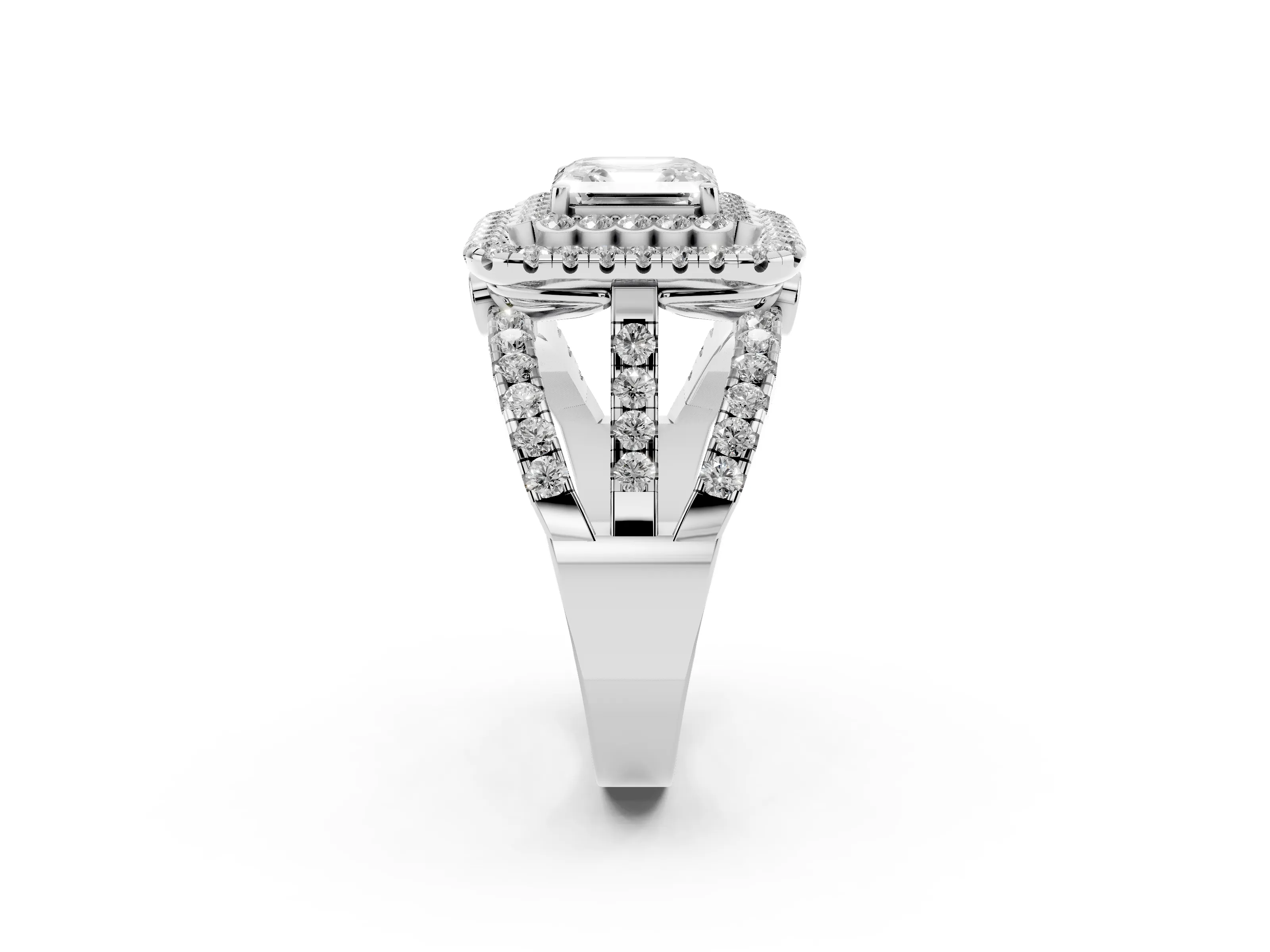 Asscher Cut Diamond Double Halo Ring Set in White gold with Round Pavé Split Shank