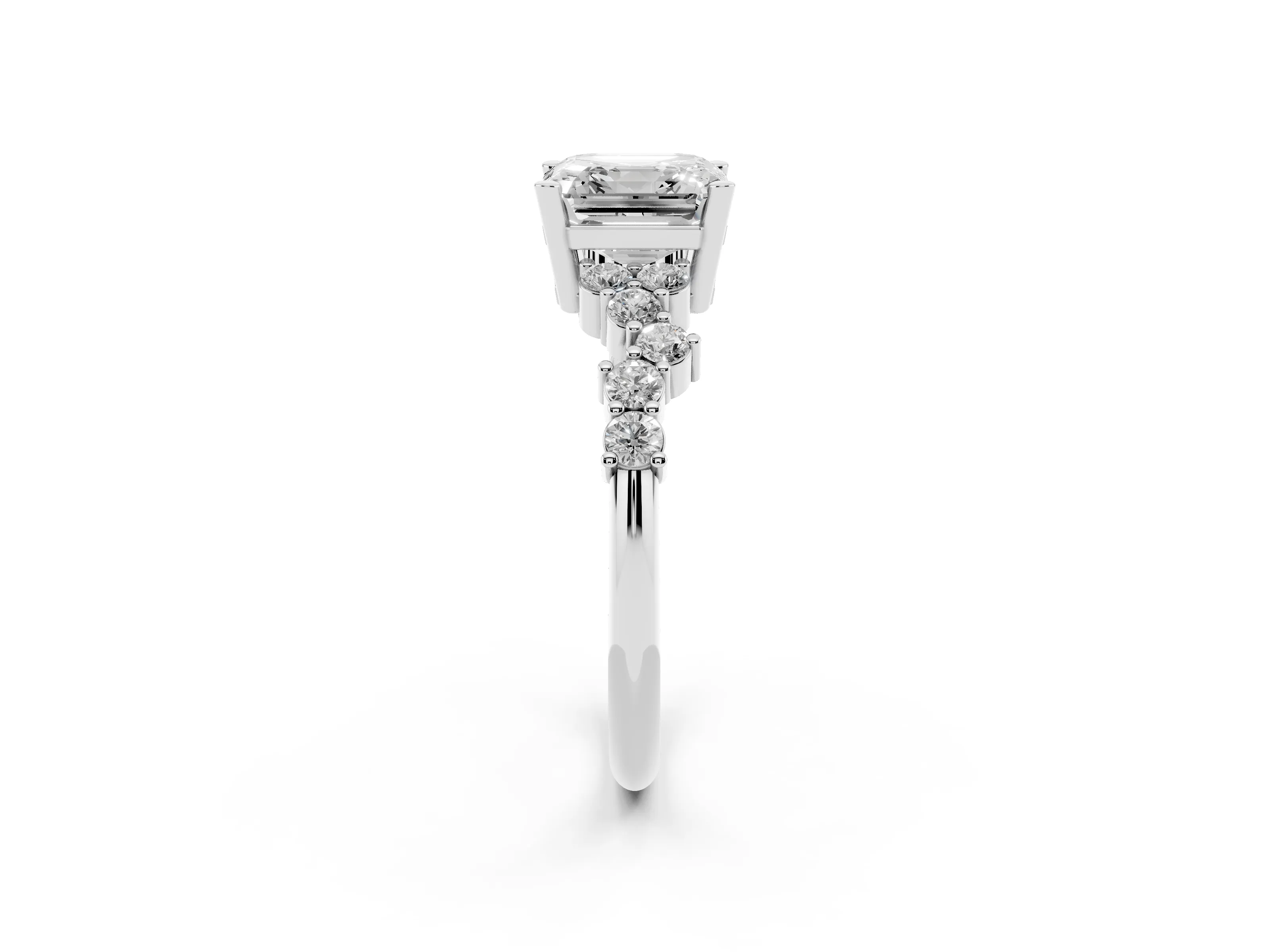 Asscher Cut Diamond Ring Set in Silver with Scattered Round Accents