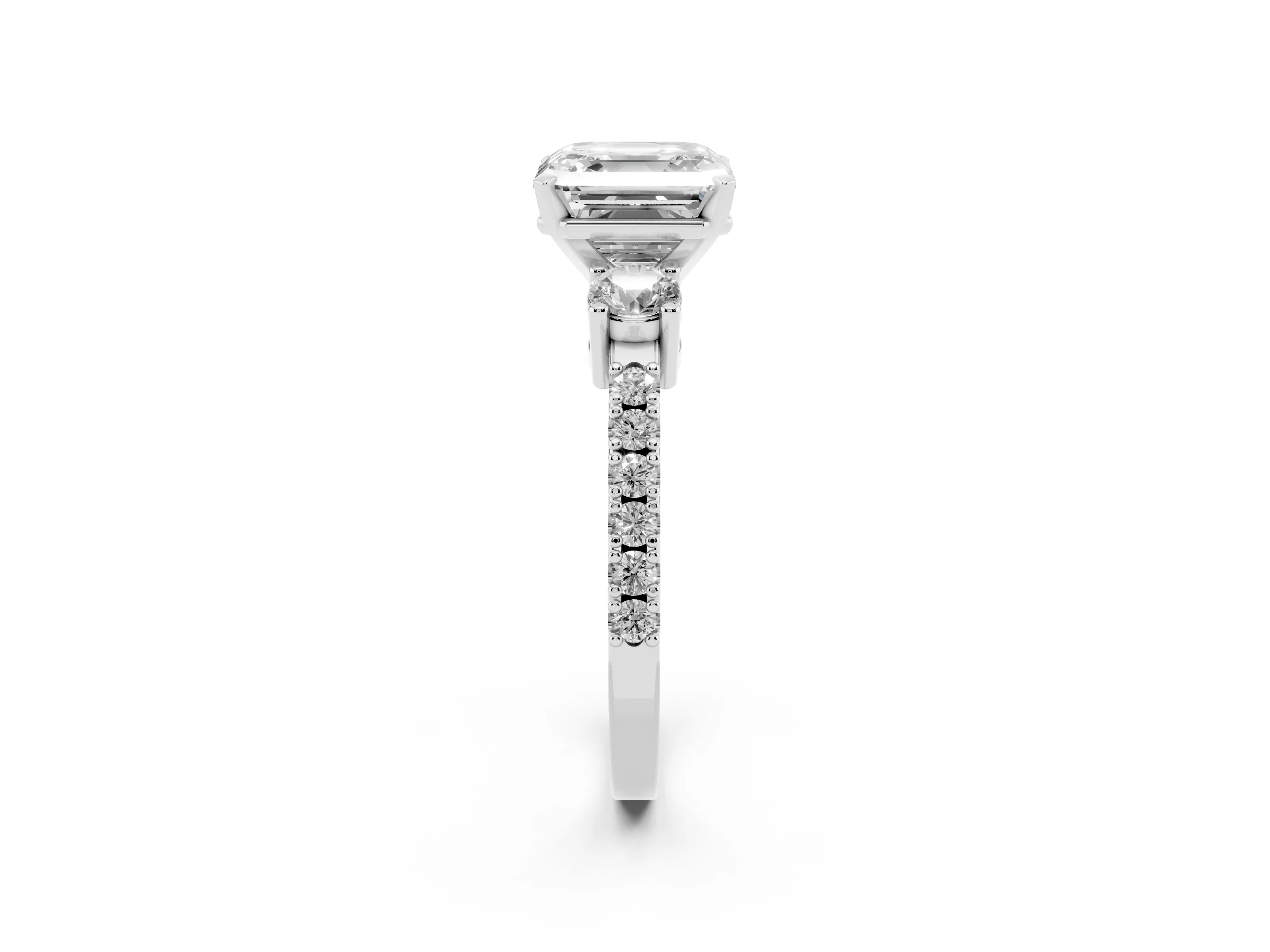 Three-Stone Asscher Cut Diamond Pavé Band Ring Set in Silver with Prong Setting