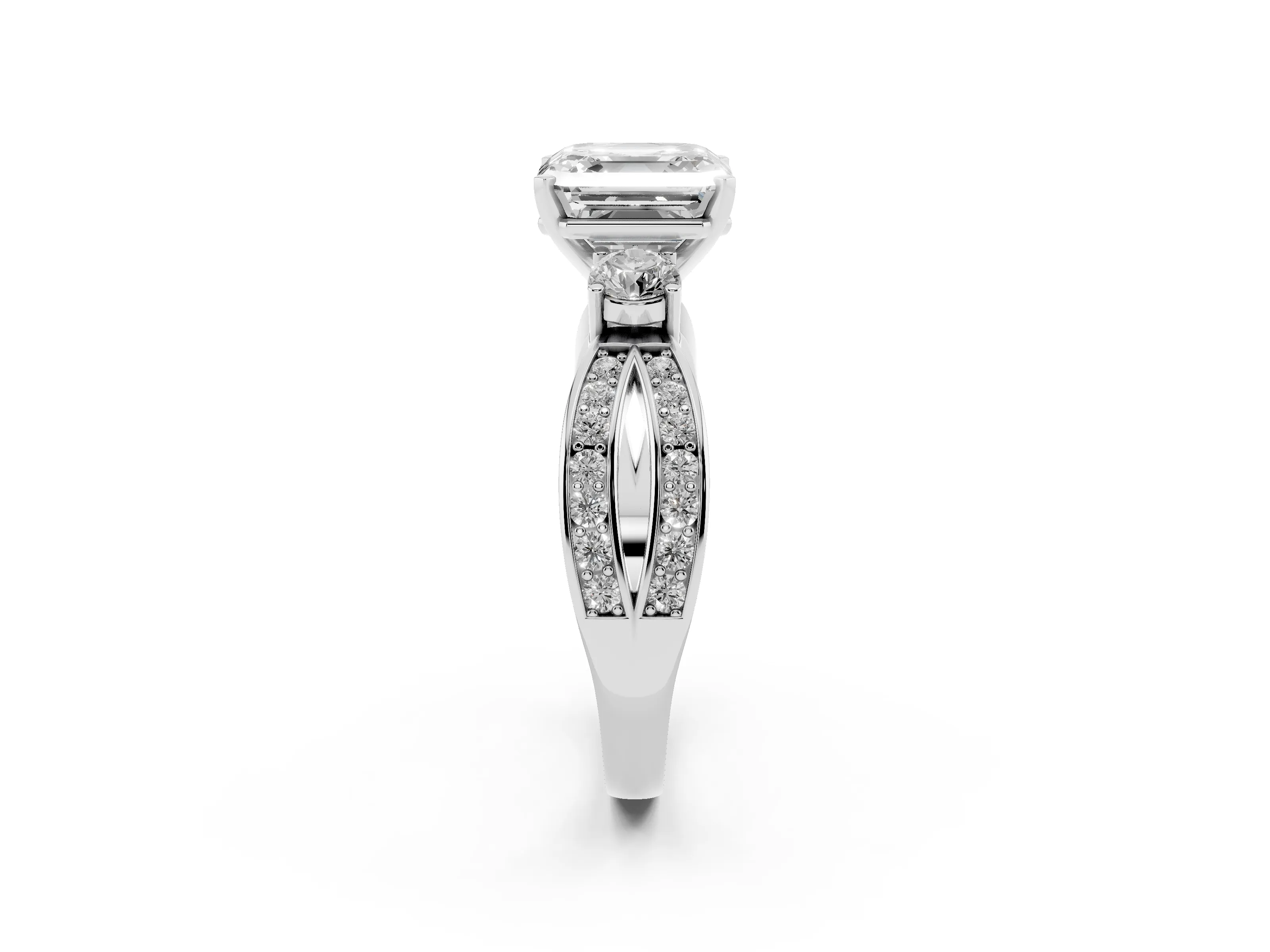 Three-Stone Asscher Cut Diamond Twist Band Ring Set in Silver with Pavé Accents and Prong Setting