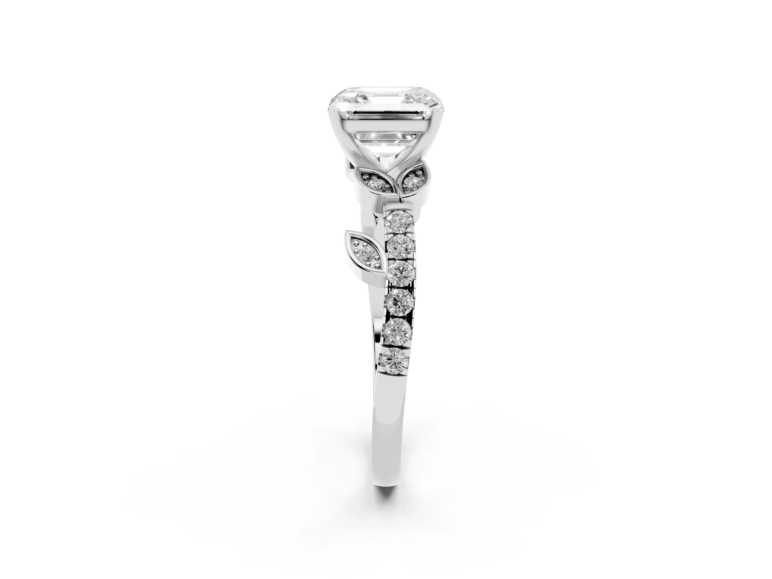 Asscher Cut Diamond Solitaire Leaf-Inspired Ring Set in Platinum with Pavé Band and Prong Setting