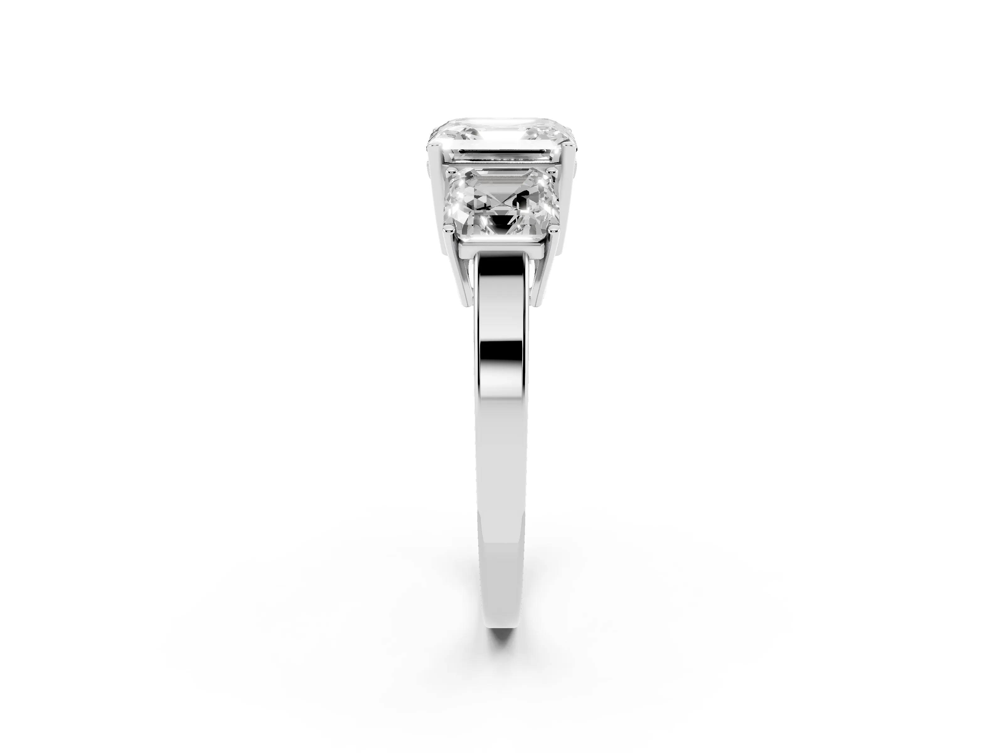 Asscher Cut Diamond Three-Stone Engagement Ring Set in White gold with Flat Band