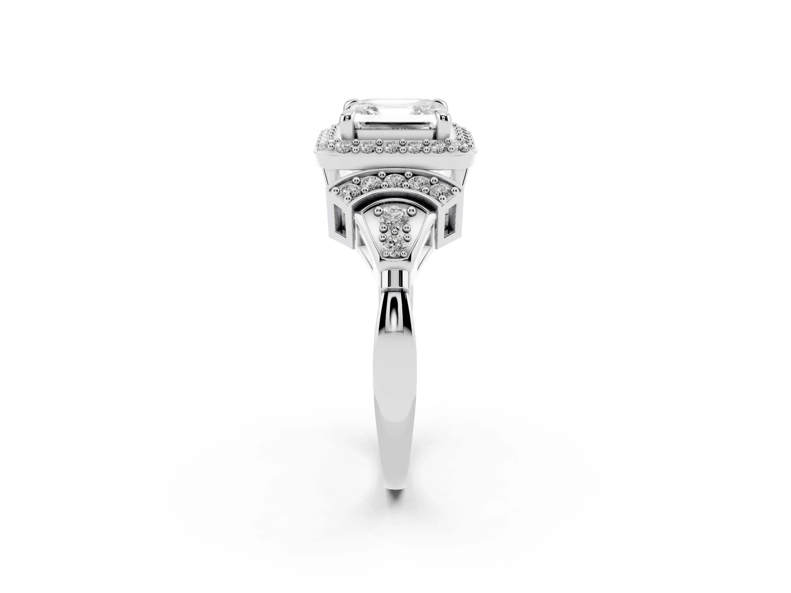 Asscher Cut Diamond Halo Engagement Ring Set in Platinum with Accent Stone Split Shank