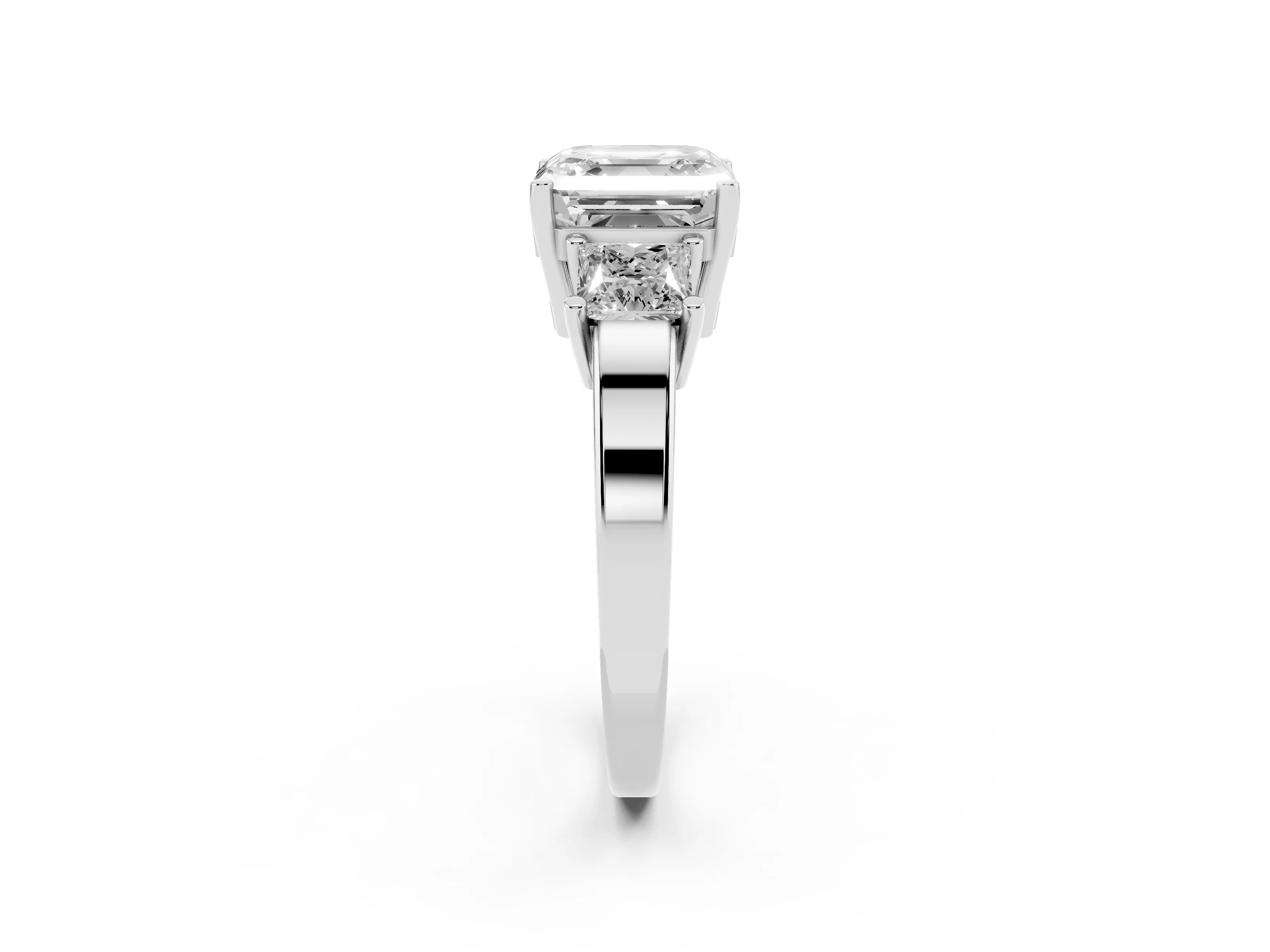 Three-Stone Asscher Cut Diamond Solitaire Ring Set in Platinum with Prong Setting