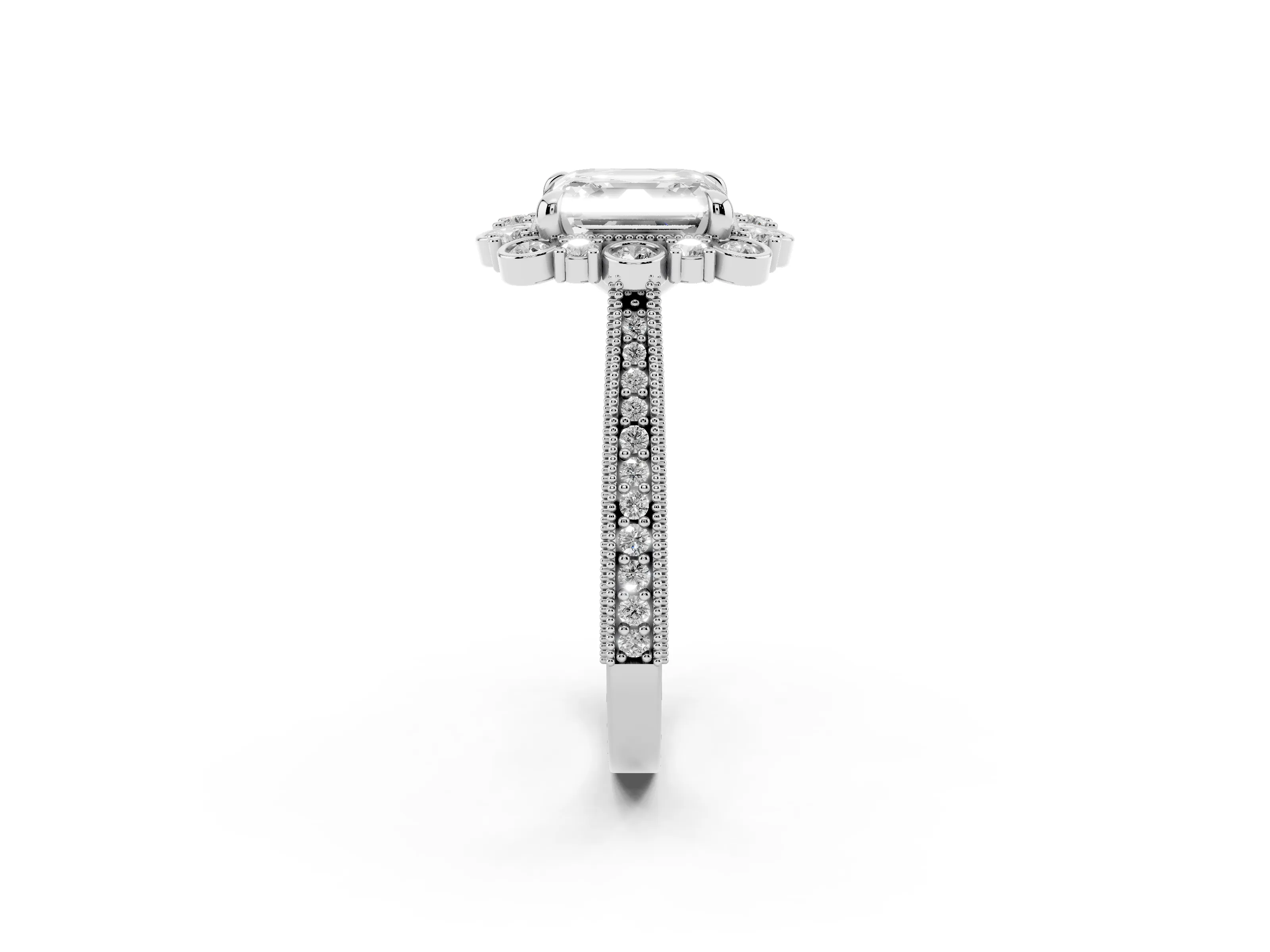 Asscher Cut Diamond Halo Milgrain Pavé Ring Set in White gold with Prong Setting