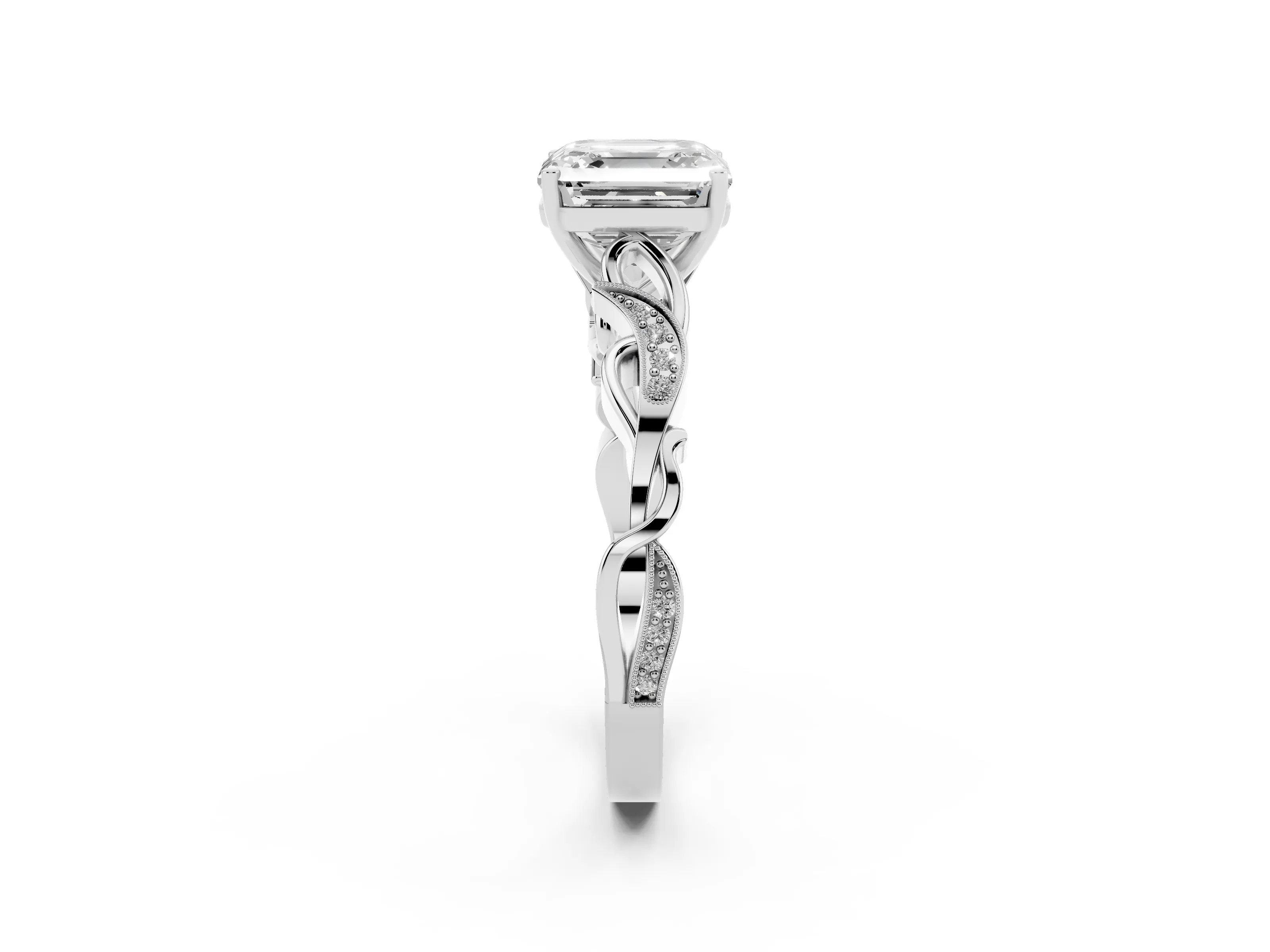 Asscher Cut Diamond Vine Band Solitaire Ring Set in Silver with Milgrain Prong Setting