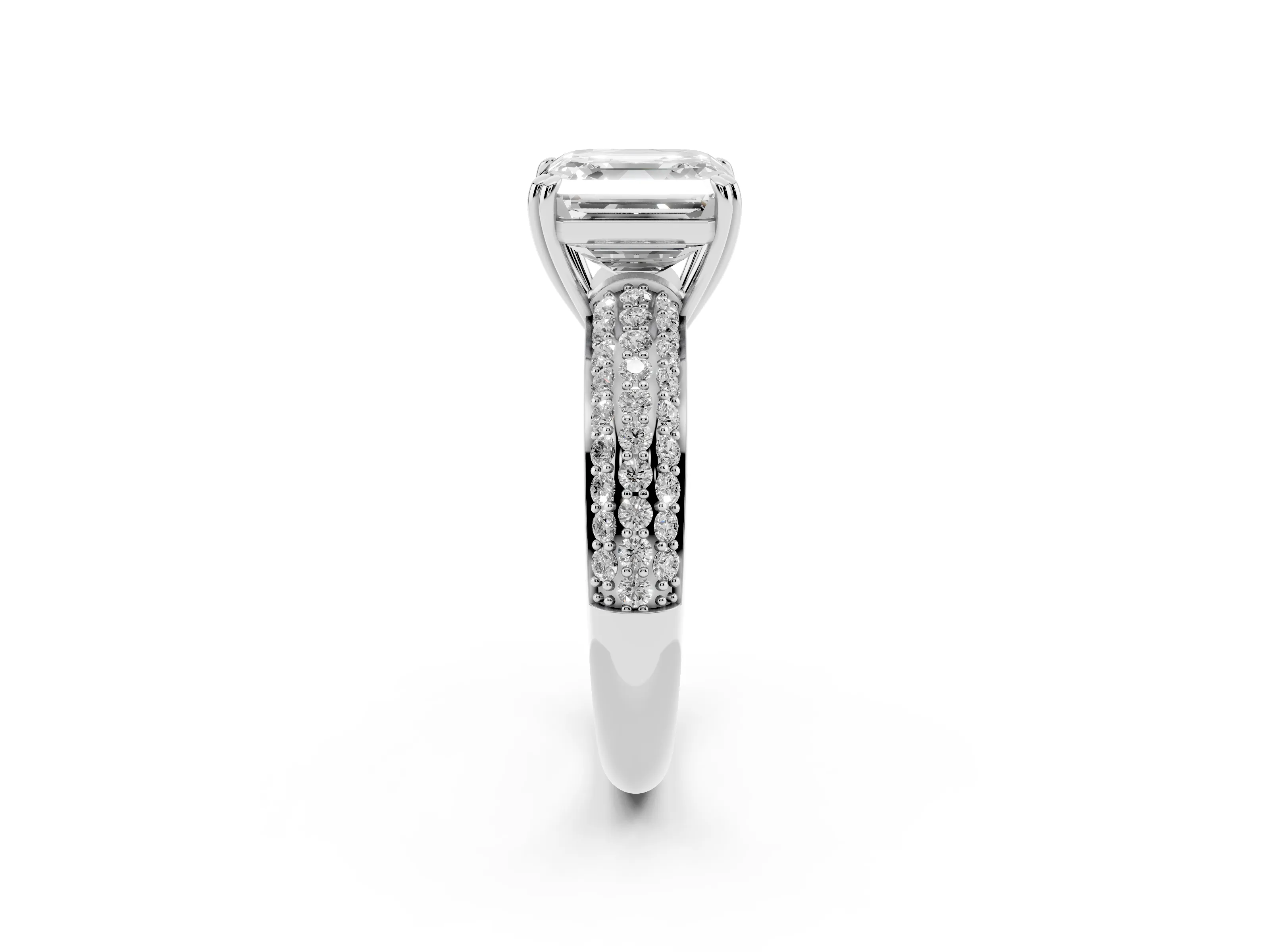 Asscher Cut Diamond Solitaire Ring Set in Platinum with Multi-Row Round Pavé Band and Prong Setting