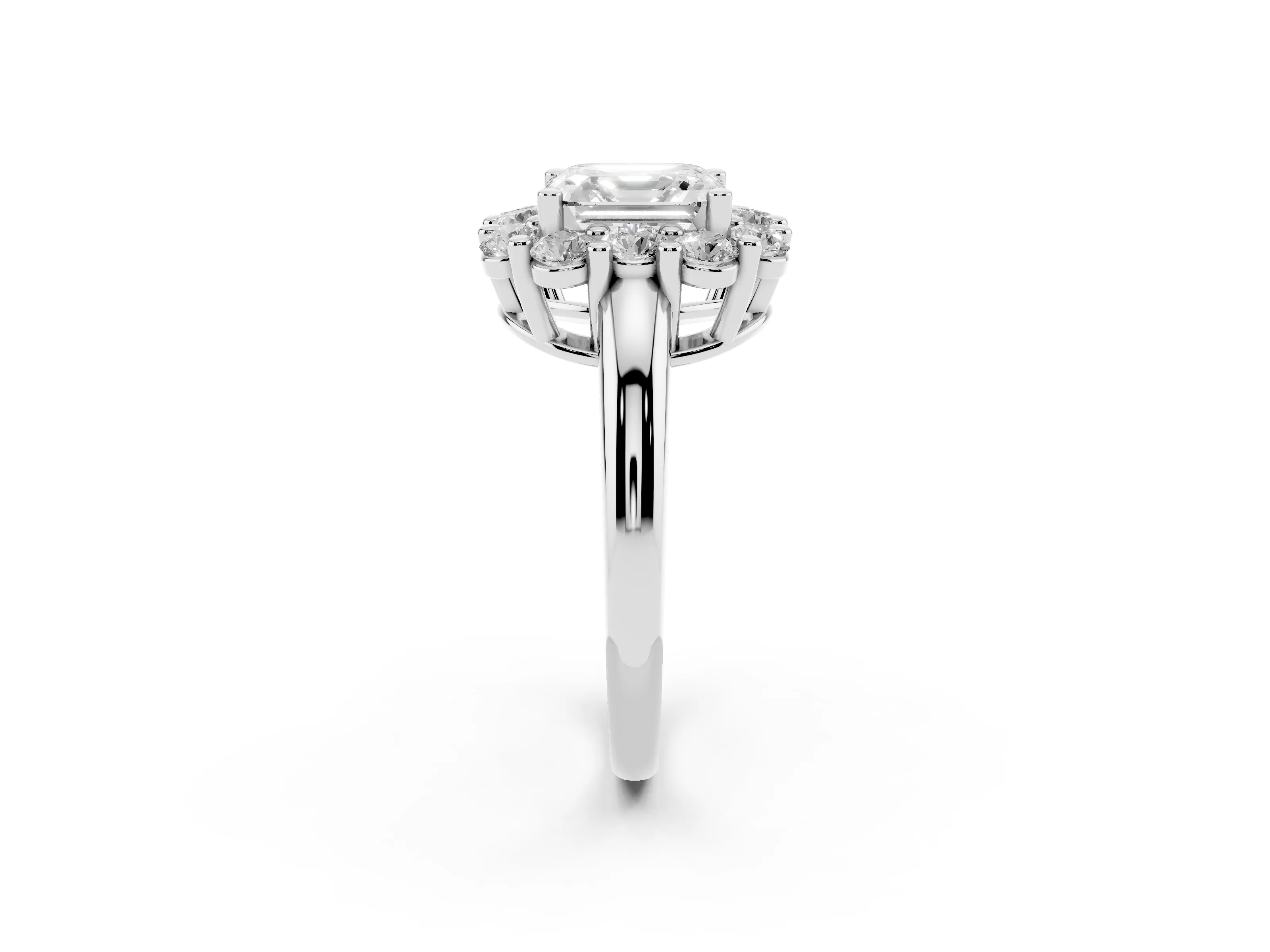 Asscher Cut Diamond Halo Cluster Engagement Ring Set in Silver with Polished Band and Prong Setting
