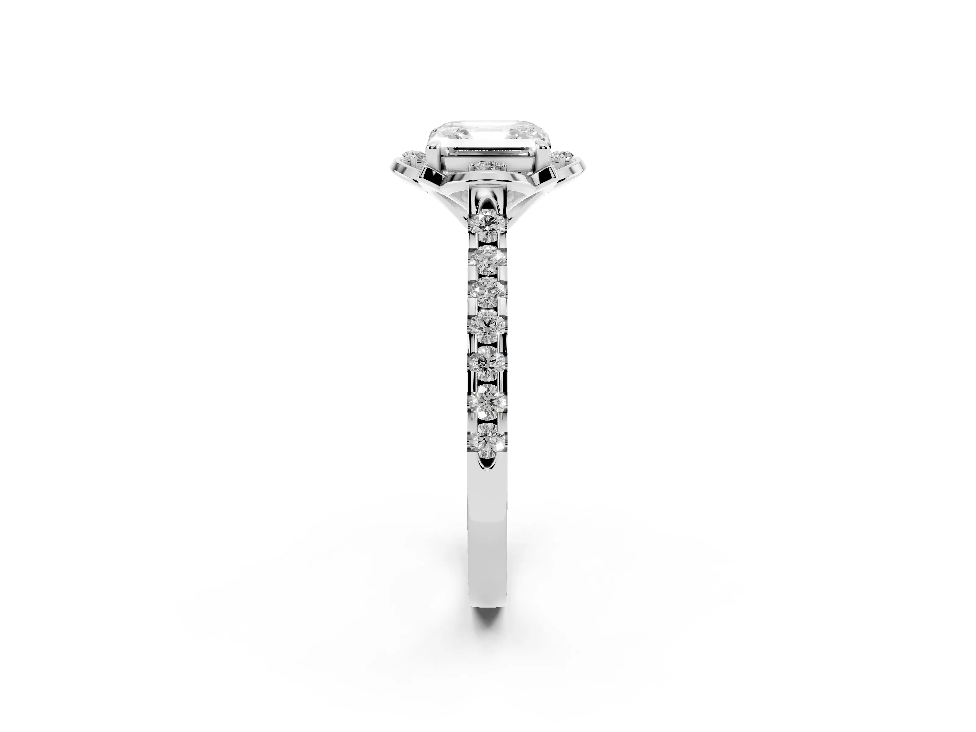 Asscher Cut Diamond Solitaire Ring Set in Silver with Pavé Band and Floral Prong Setting