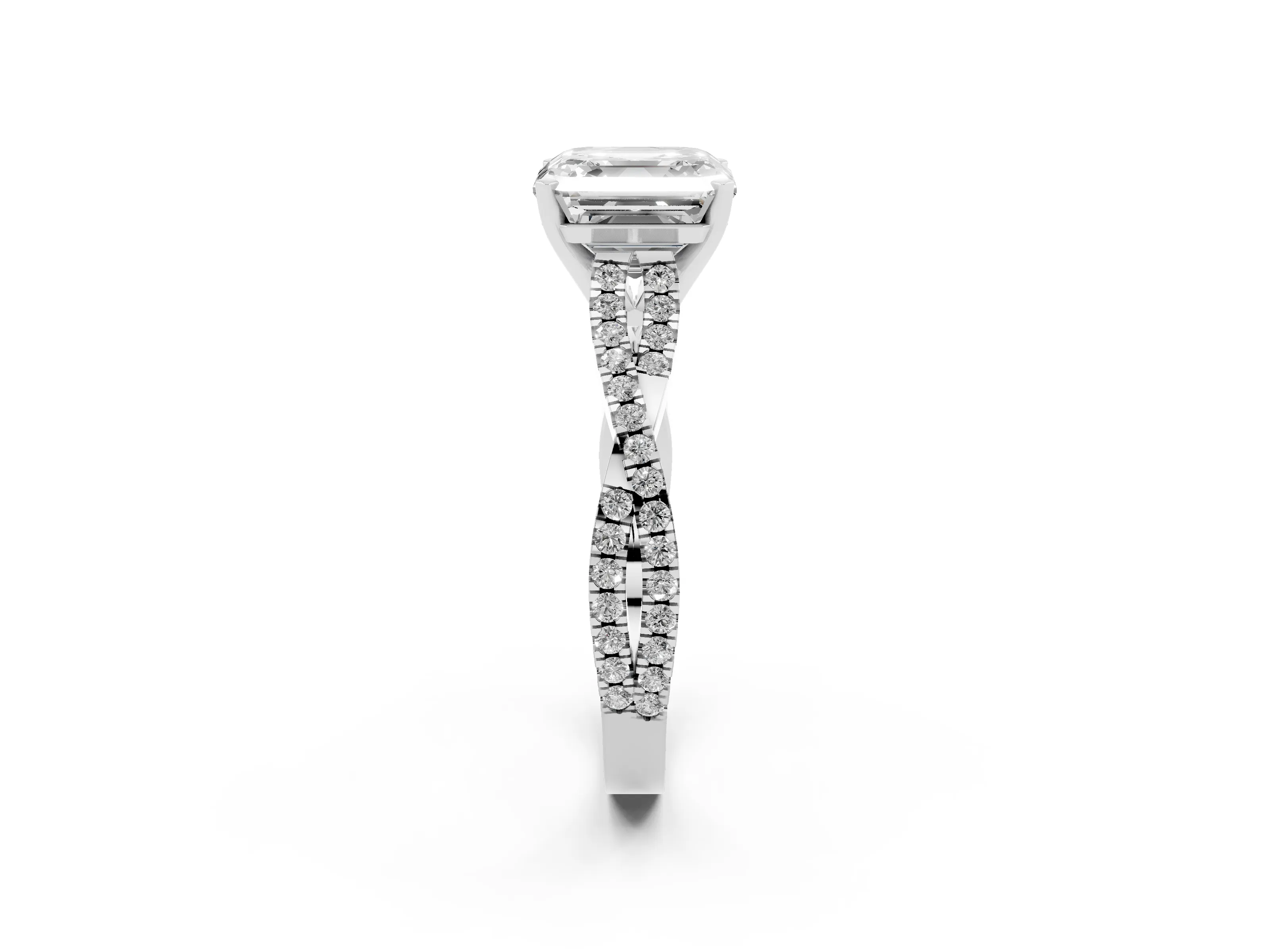 Asscher Cut Diamond Solitaire Engagement Ring Set in White gold with Twisted Pavé Band and Prong Setting