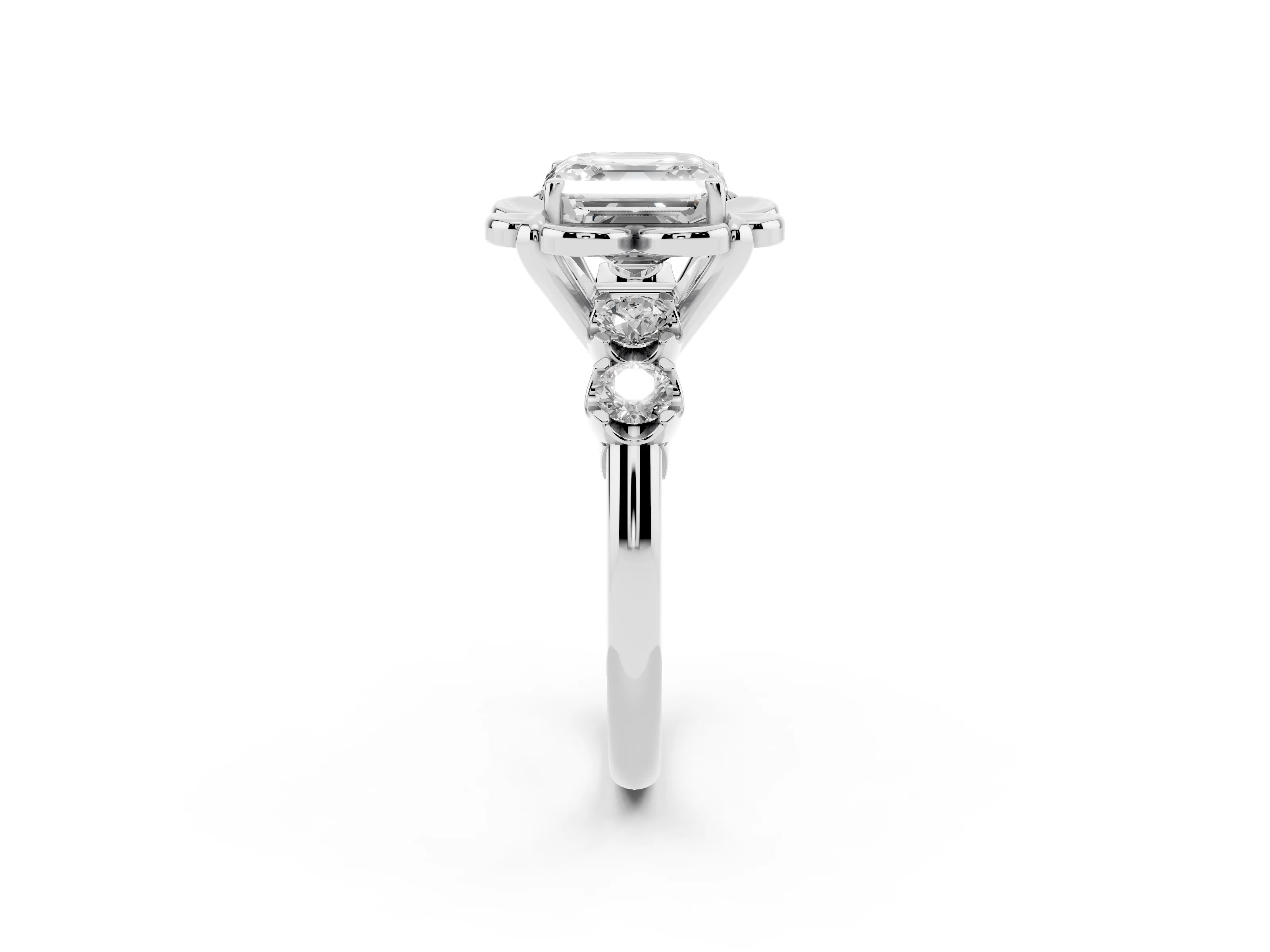 Asscher Cut Diamond Floral Halo Ring Set in Silver with Shared Prong Band
