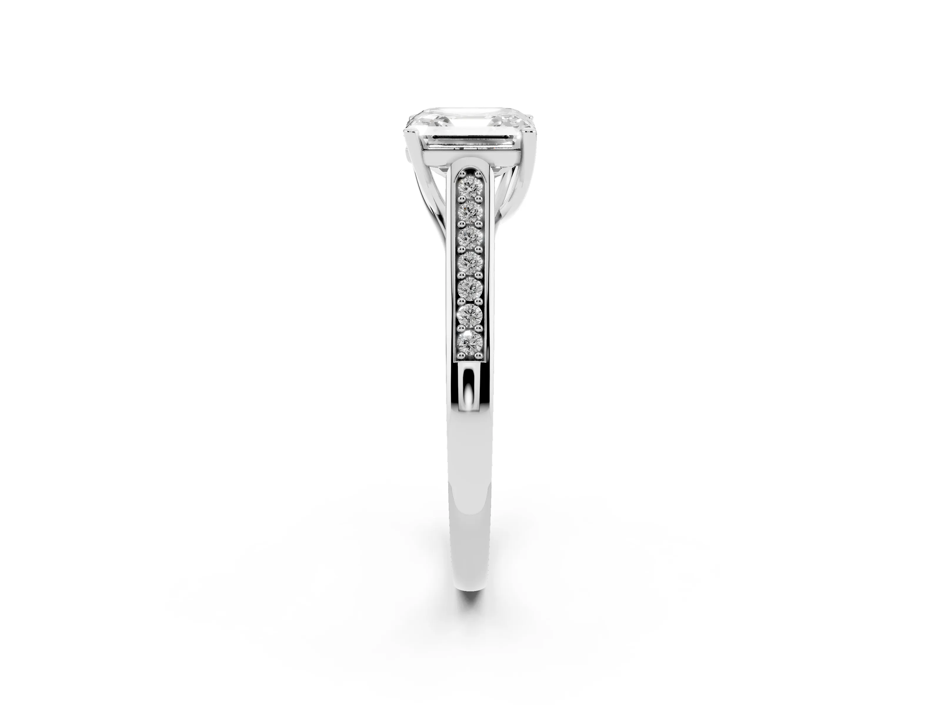 Asscher Cut Diamond Solitaire Cathedral Engagement Ring Set in White gold with Channel-Set Band and Prong Setting