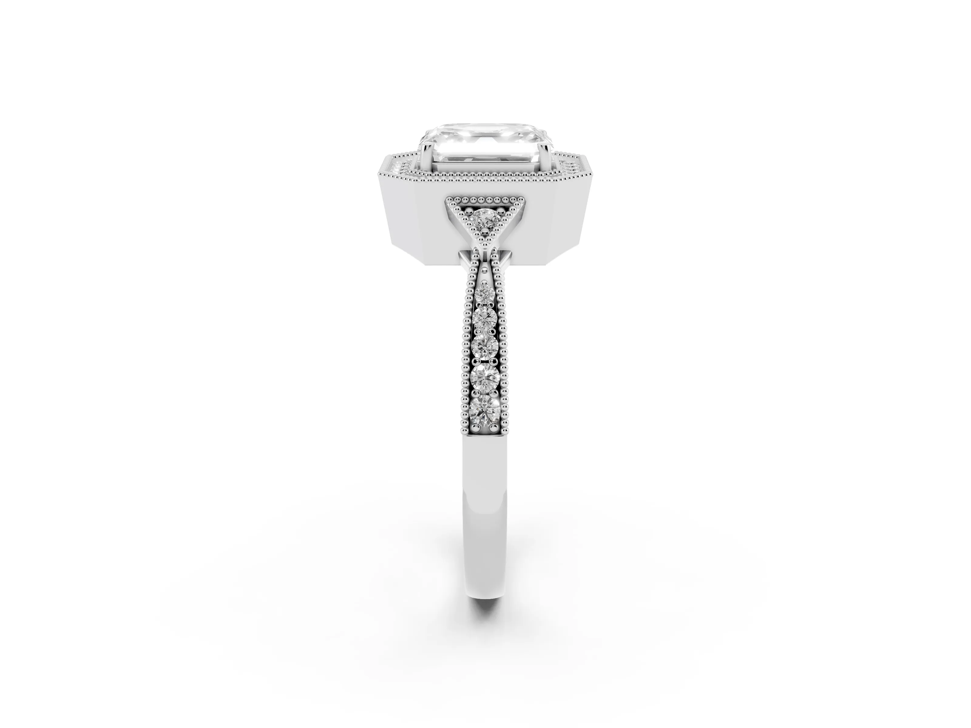 Asscher Cut Diamond Halo Engagement Ring Set in White gold with Milgrain Pavé Band