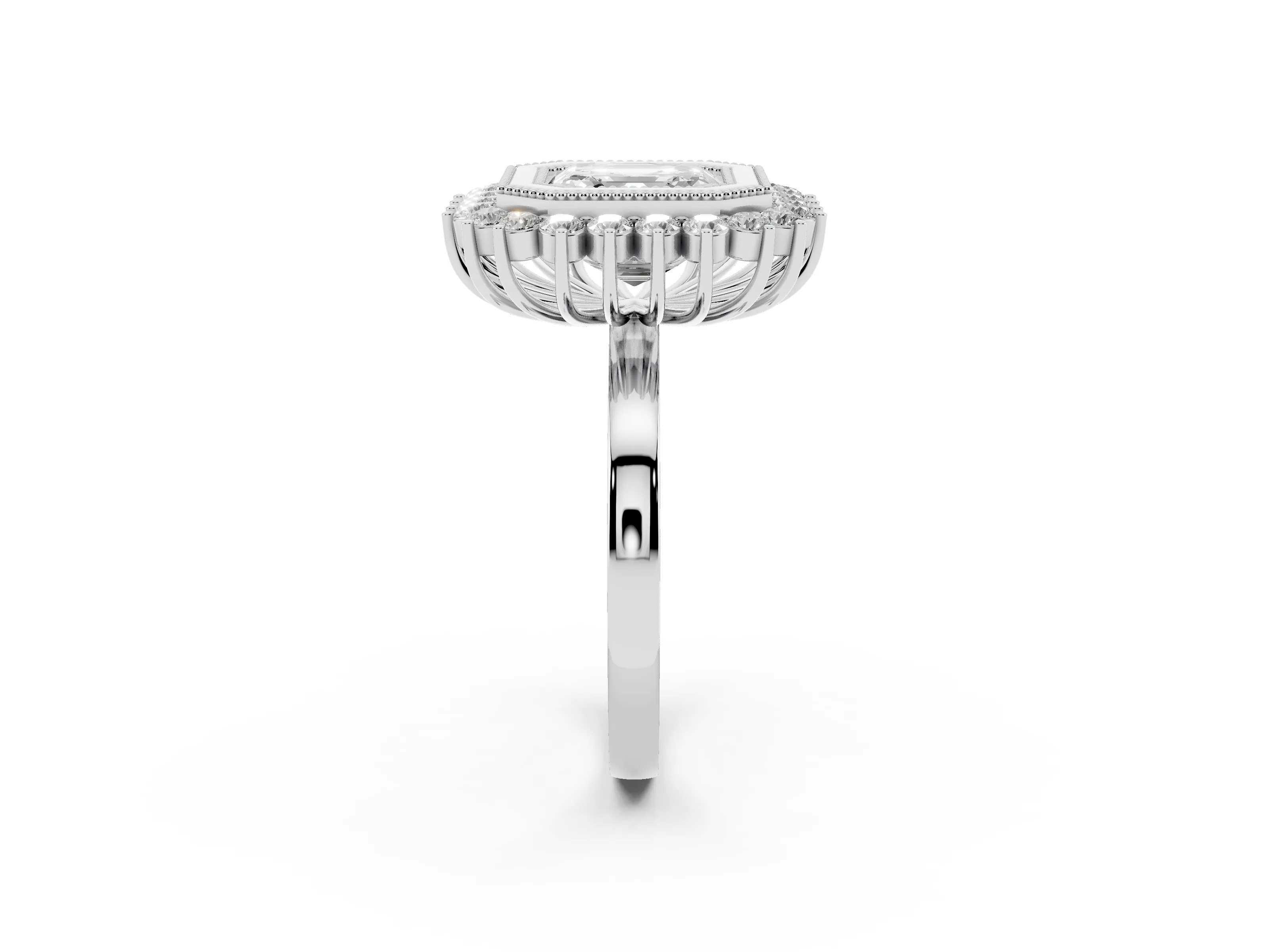 Asscher Cut Diamond Halo Ring Set in Platinum with Milgrain Edge and Round Prong Setting