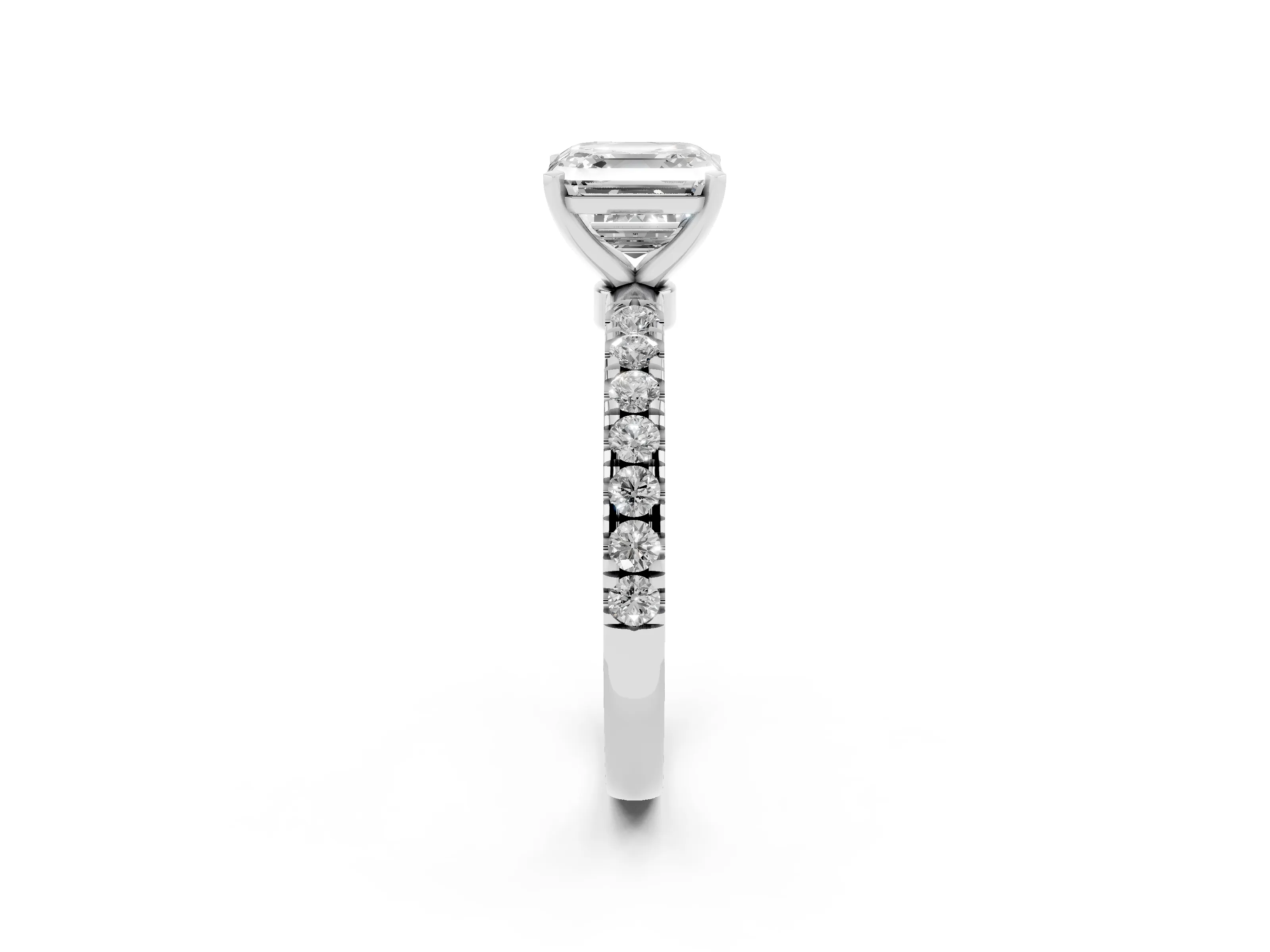 Asscher Cut Diamond Solitaire Ring Set in Platinum with Pavé Accents and Prong Setting