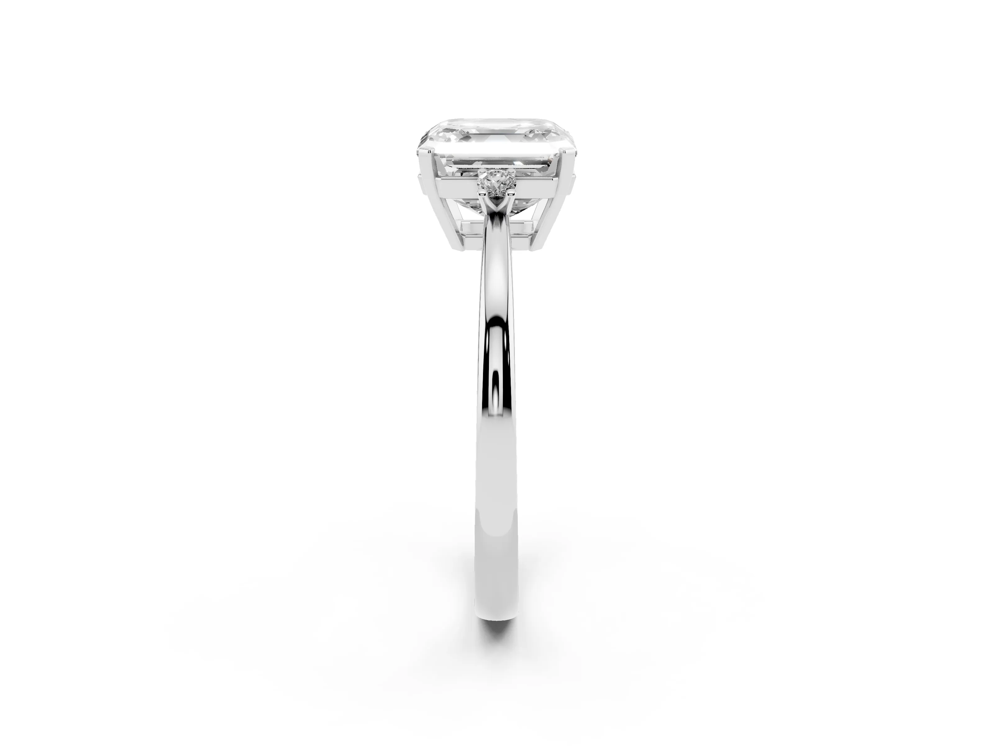 Three-Stone Asscher Cut Diamond Solitaire Ring Set in Silver with Round Accent Stones and Prong Setting