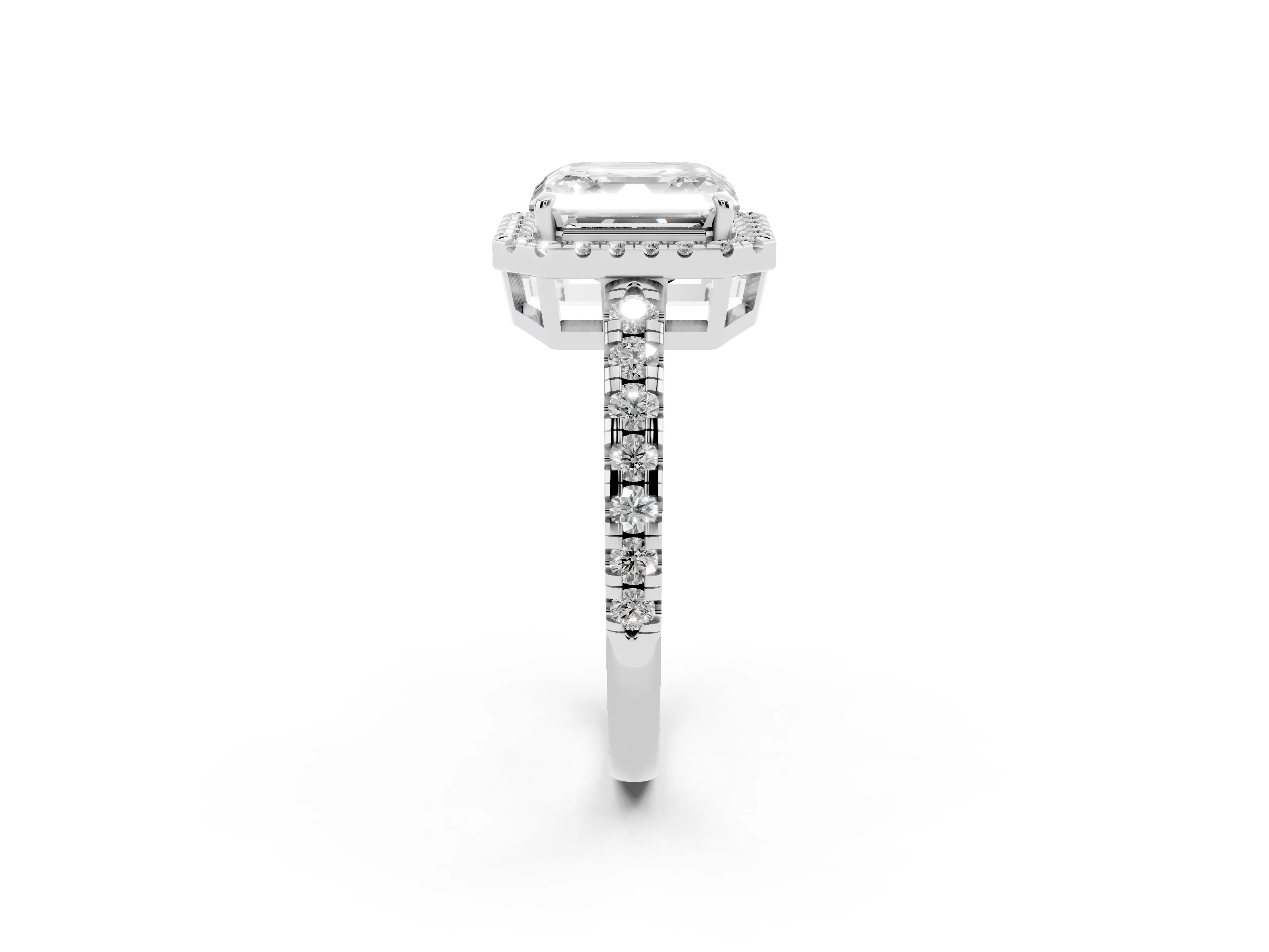 Asscher Cut Diamond Halo Ring Set in White gold with Delicate Pavé Band and Prong Setting