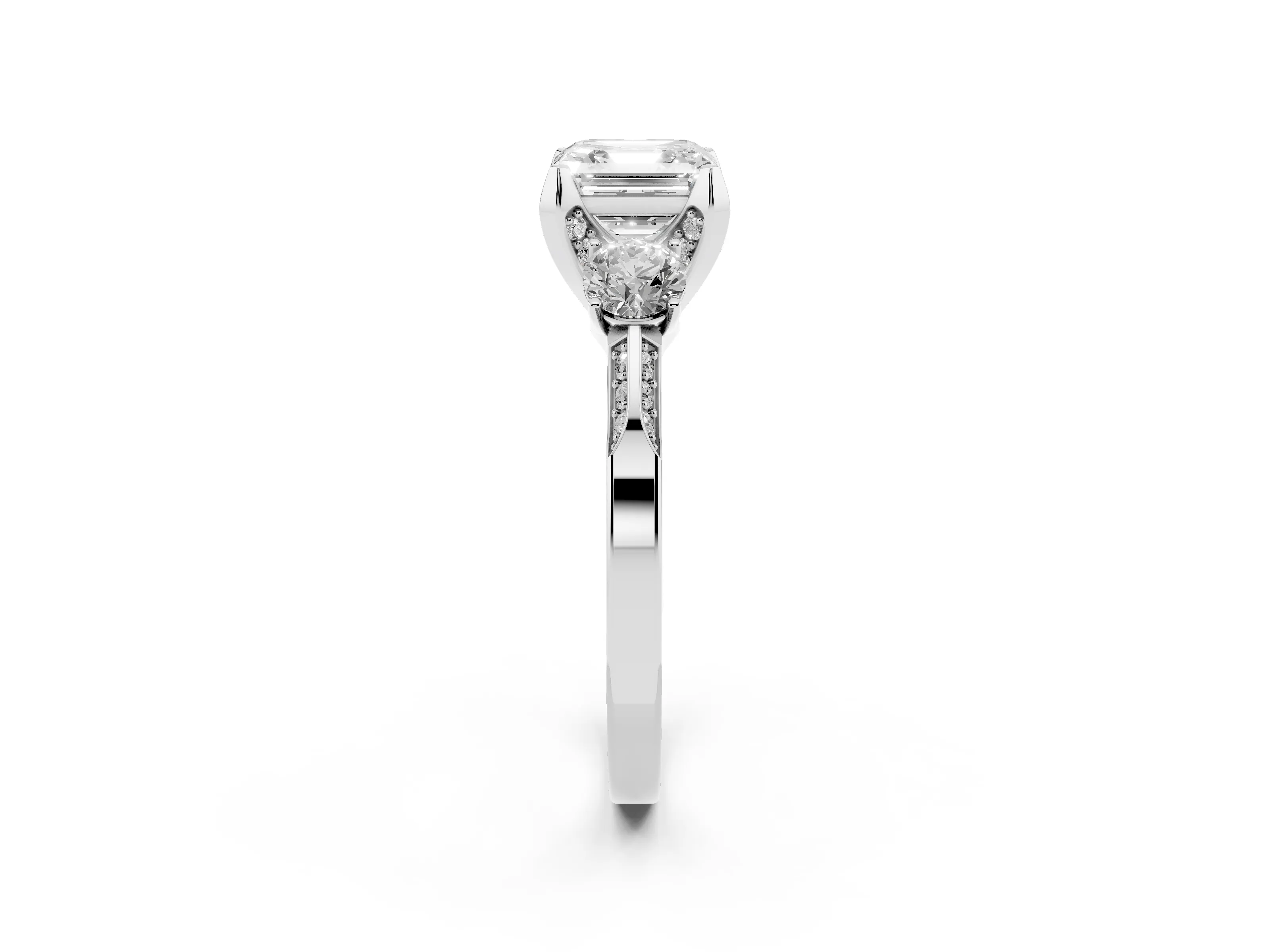 Asscher Cut Diamond Three-Stone Ring Set in Platinum with Pavé Band and Smaller Side Stones