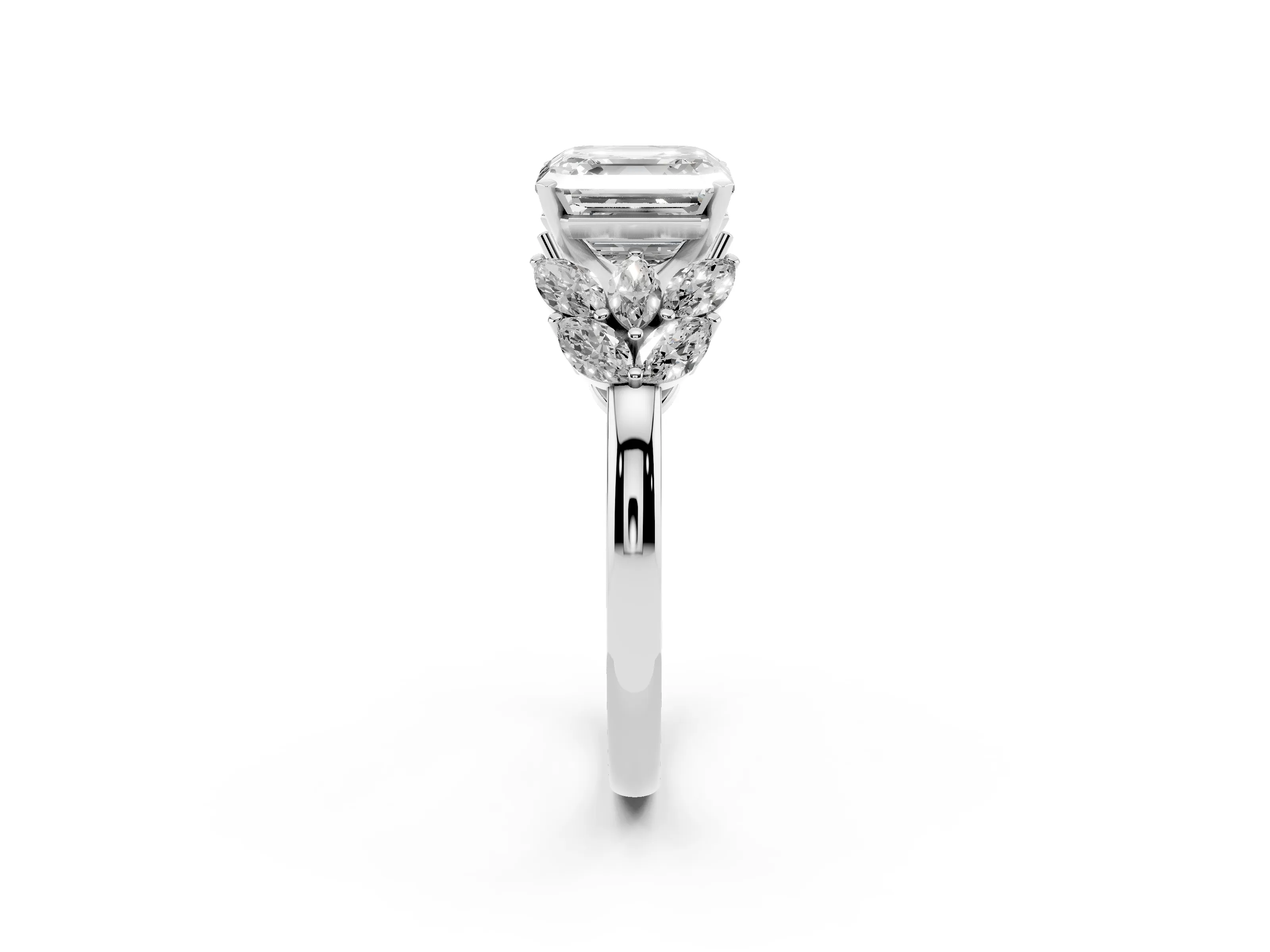 Asscher Cut Diamond Cluster Leaf Design Ring Set in Platinum with Prong Setting