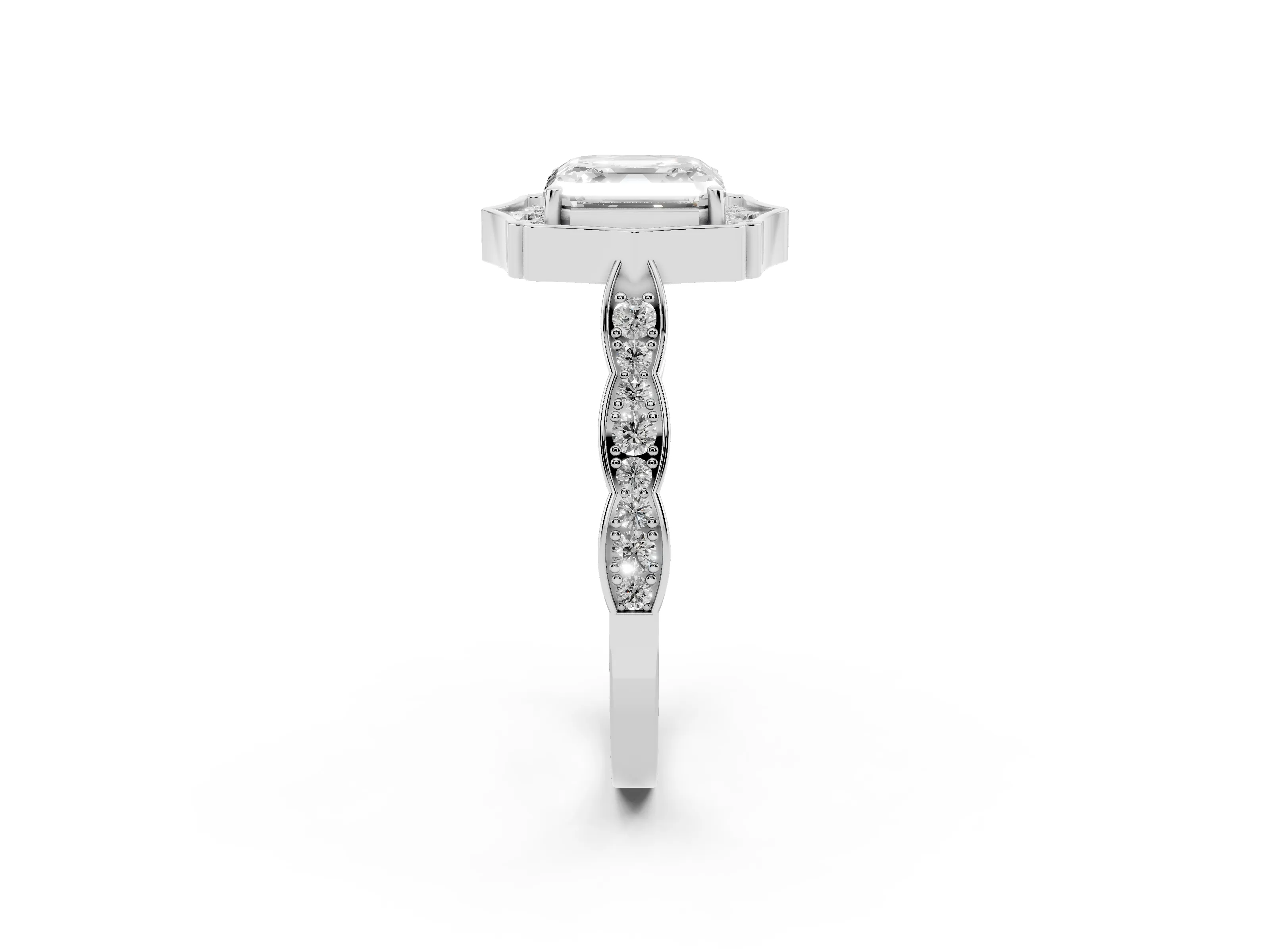 Asscher Cut Diamond Halo Engagement Ring Set in Platinum with Milgrain Band and Prong Setting