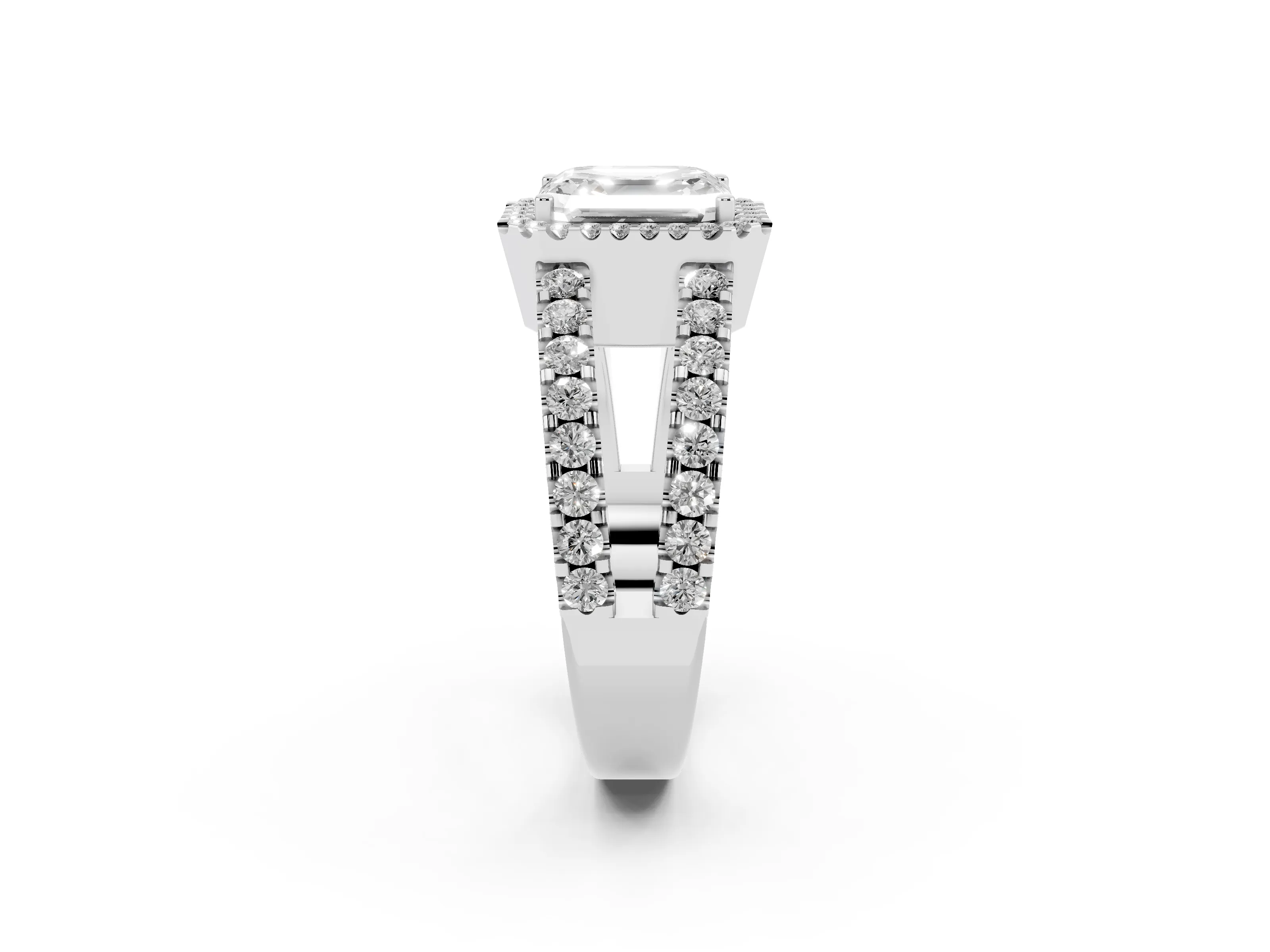 Asscher Cut Diamond Halo Ring Set in Platinum with Pavé Split Shank and Prong Setting