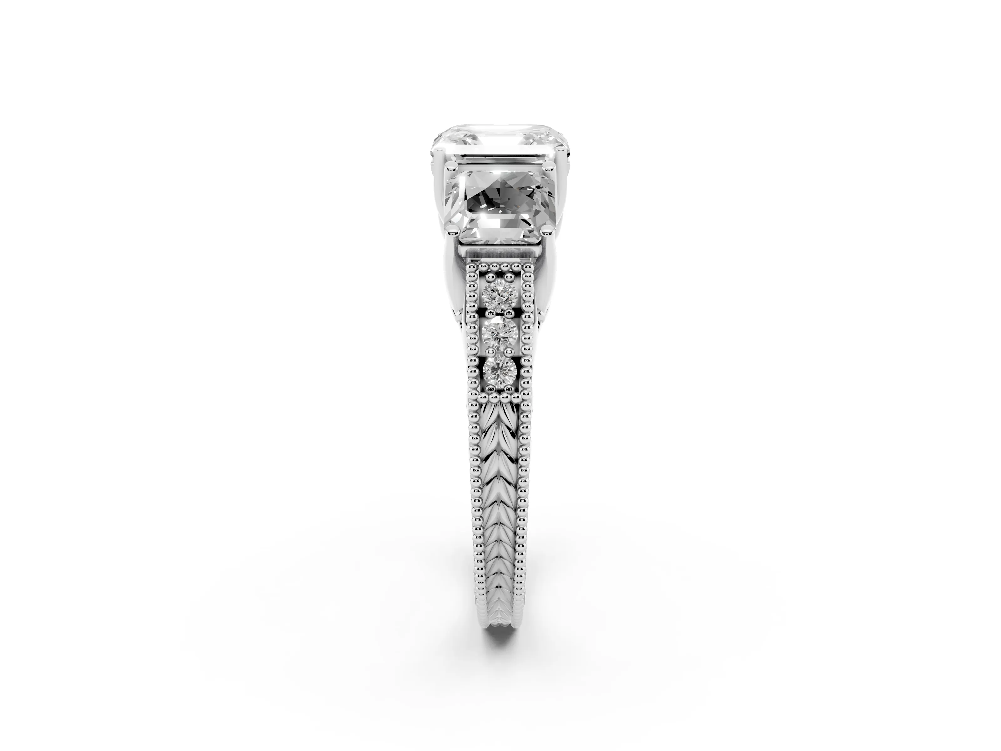 Asscher Cut Diamond Three-Stone Engagement Ring Set in Silver with Milgrain Pavé Band