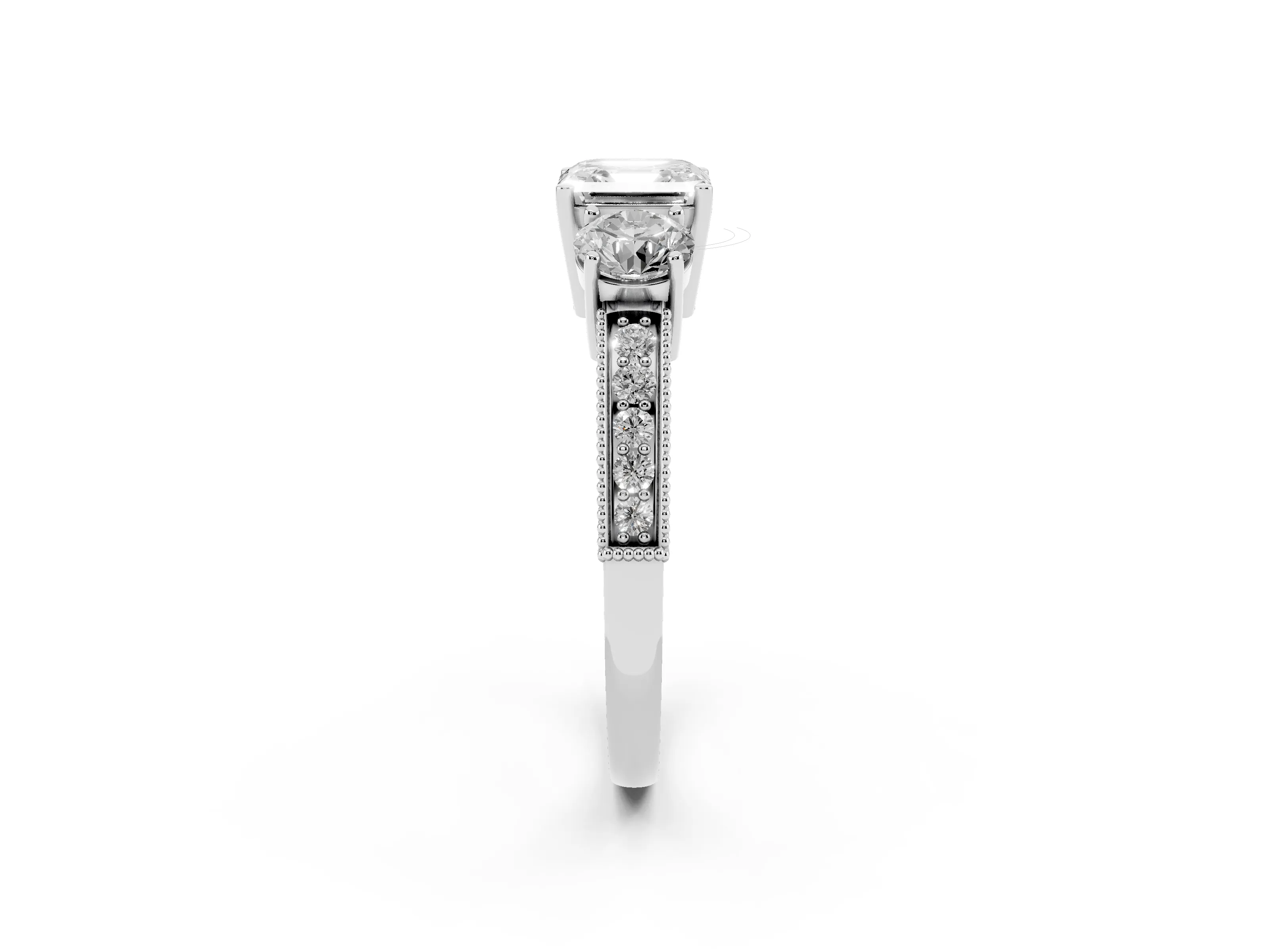 Asscher Cut Diamond Three-Stone Ring Set in Platinum with Round Side Stones and Pavé Band