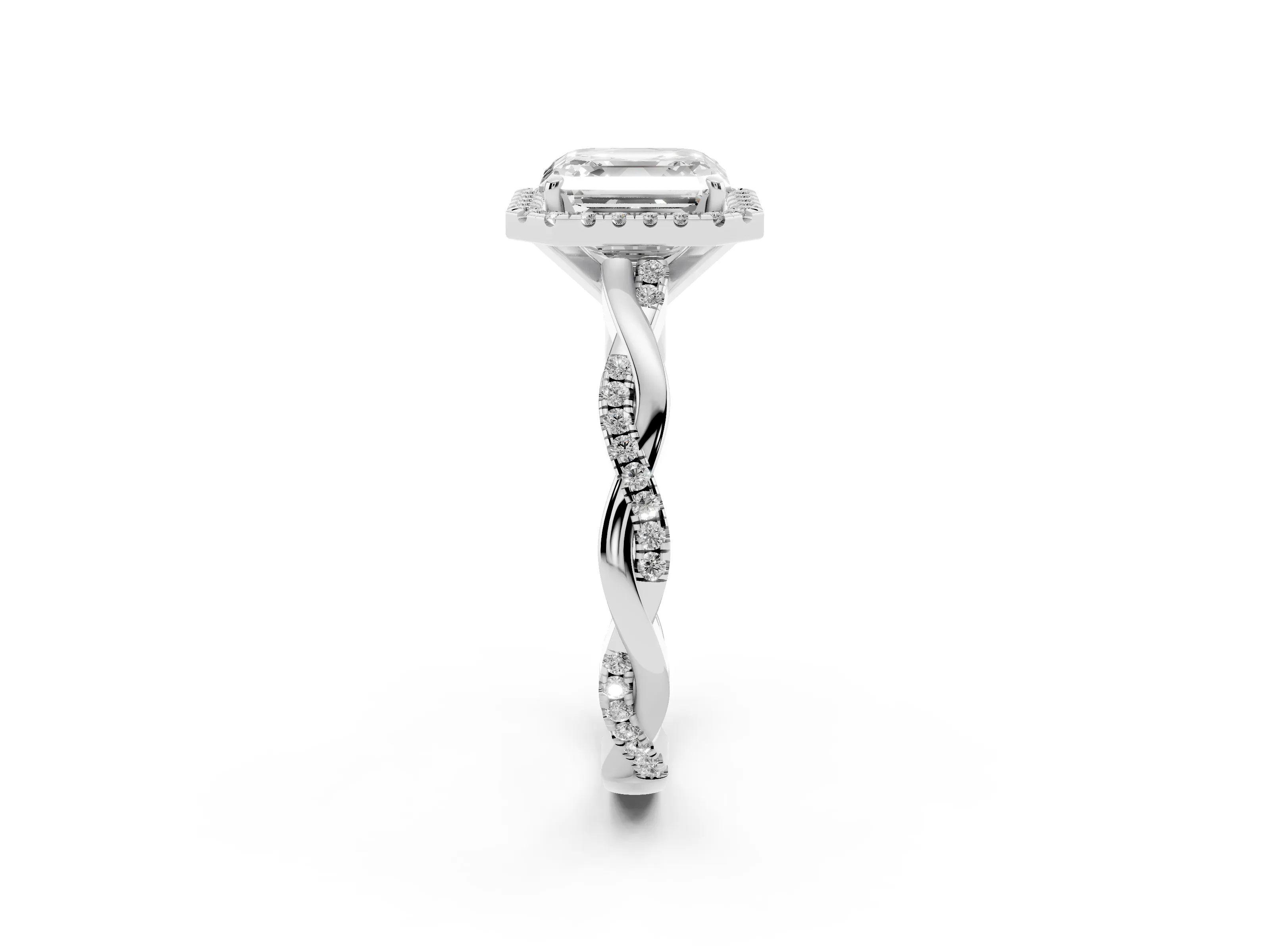 Asscher Cut Diamond Halo Twisted Band Ring Set in White gold with Prong Setting
