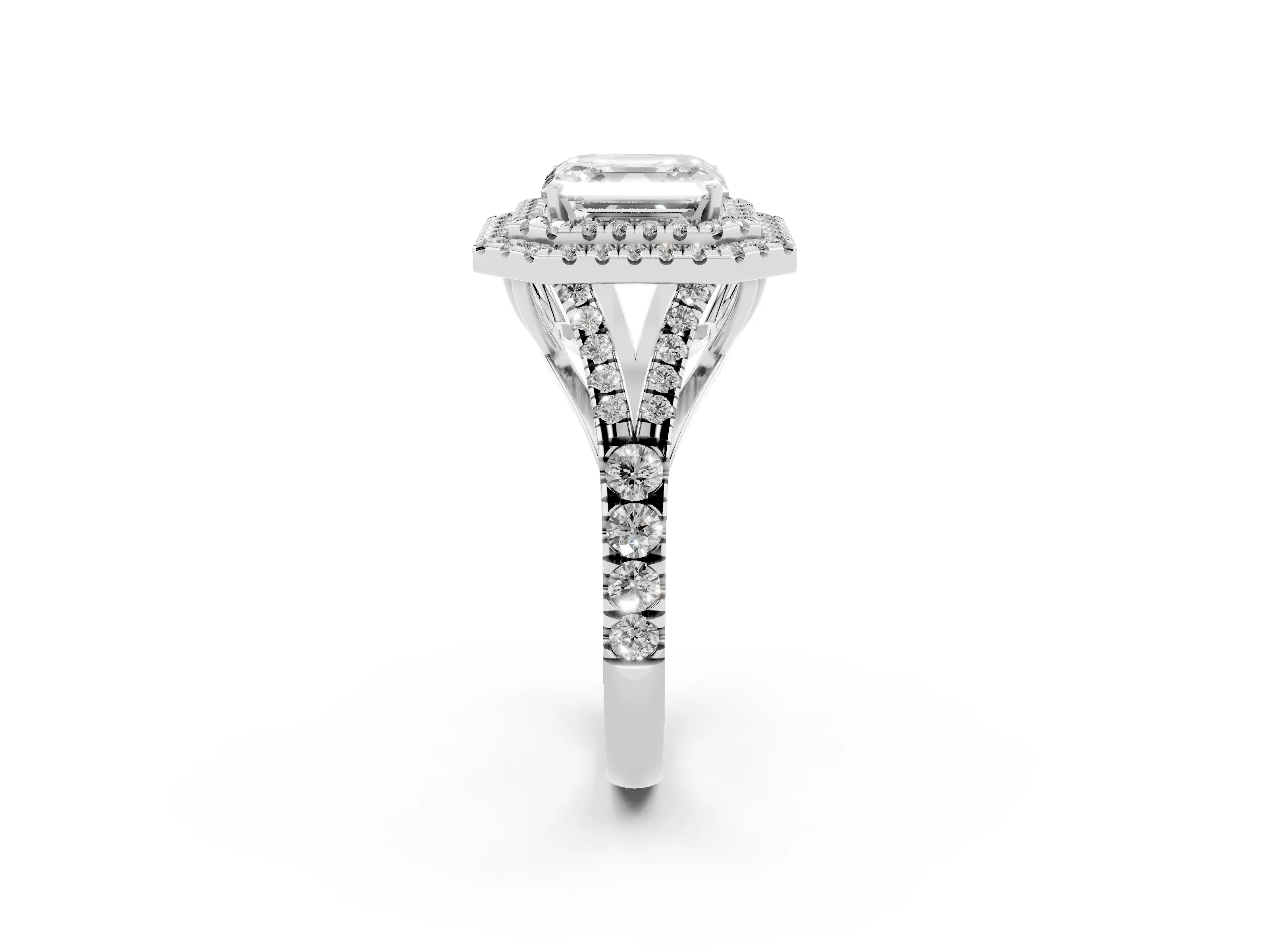 Asscher Cut Diamond Pavé Split Shank Double Halo Engagement Ring Set in Platinum