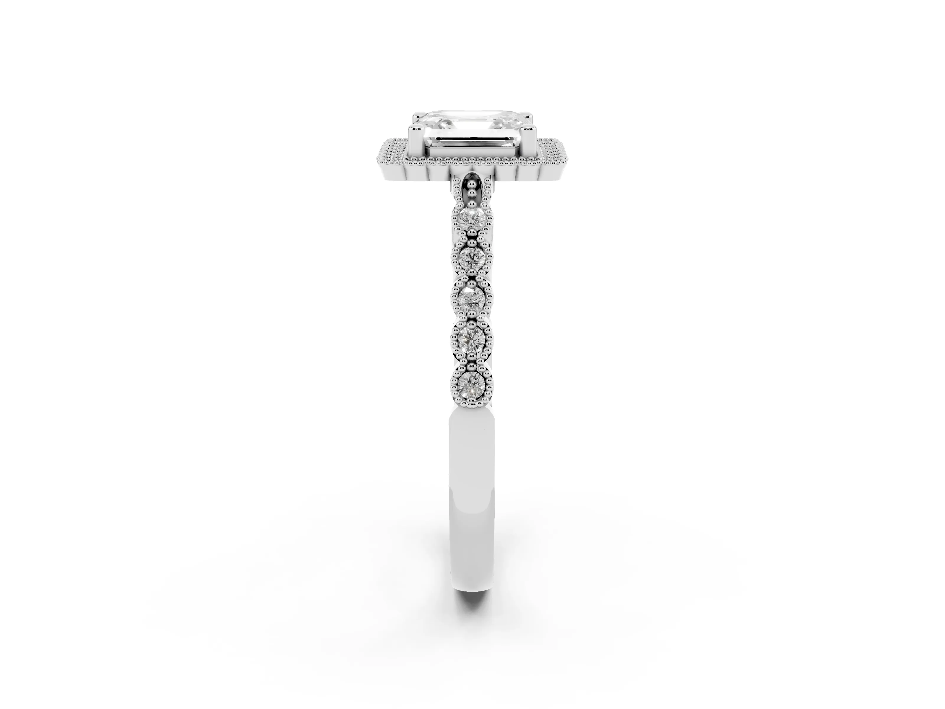 Asscher Cut Diamond Halo Ring Set in Platinum with Pavé Milgrain Band