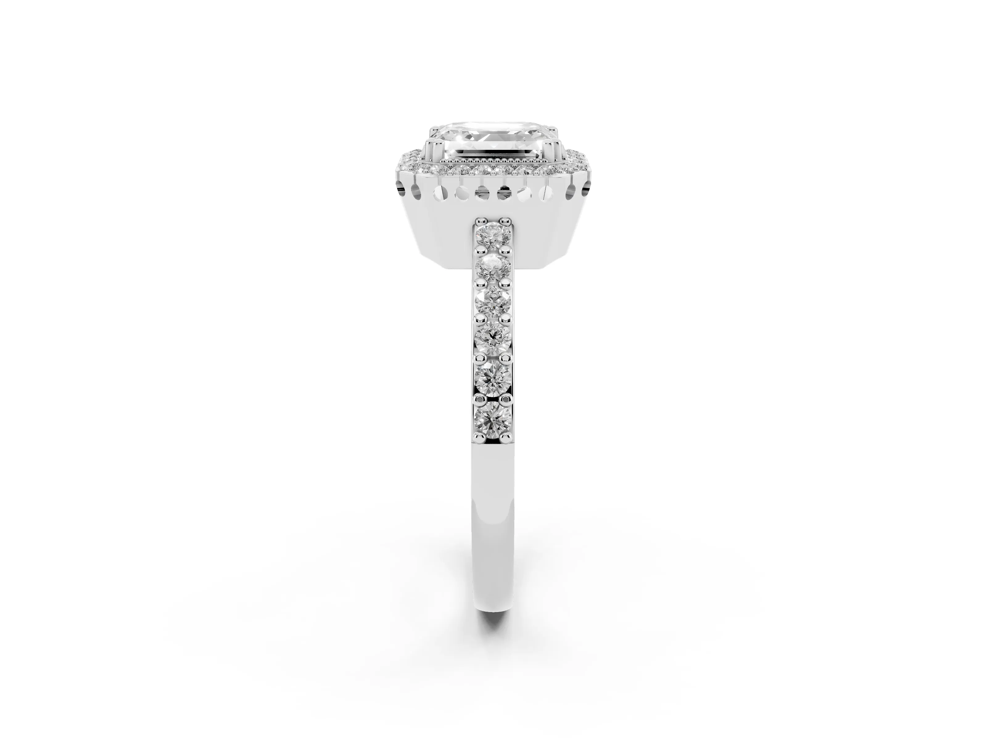 Asscher Cut Diamond Halo Engagement Ring Set in Silver with Milgrain Detail and Pavé Band
