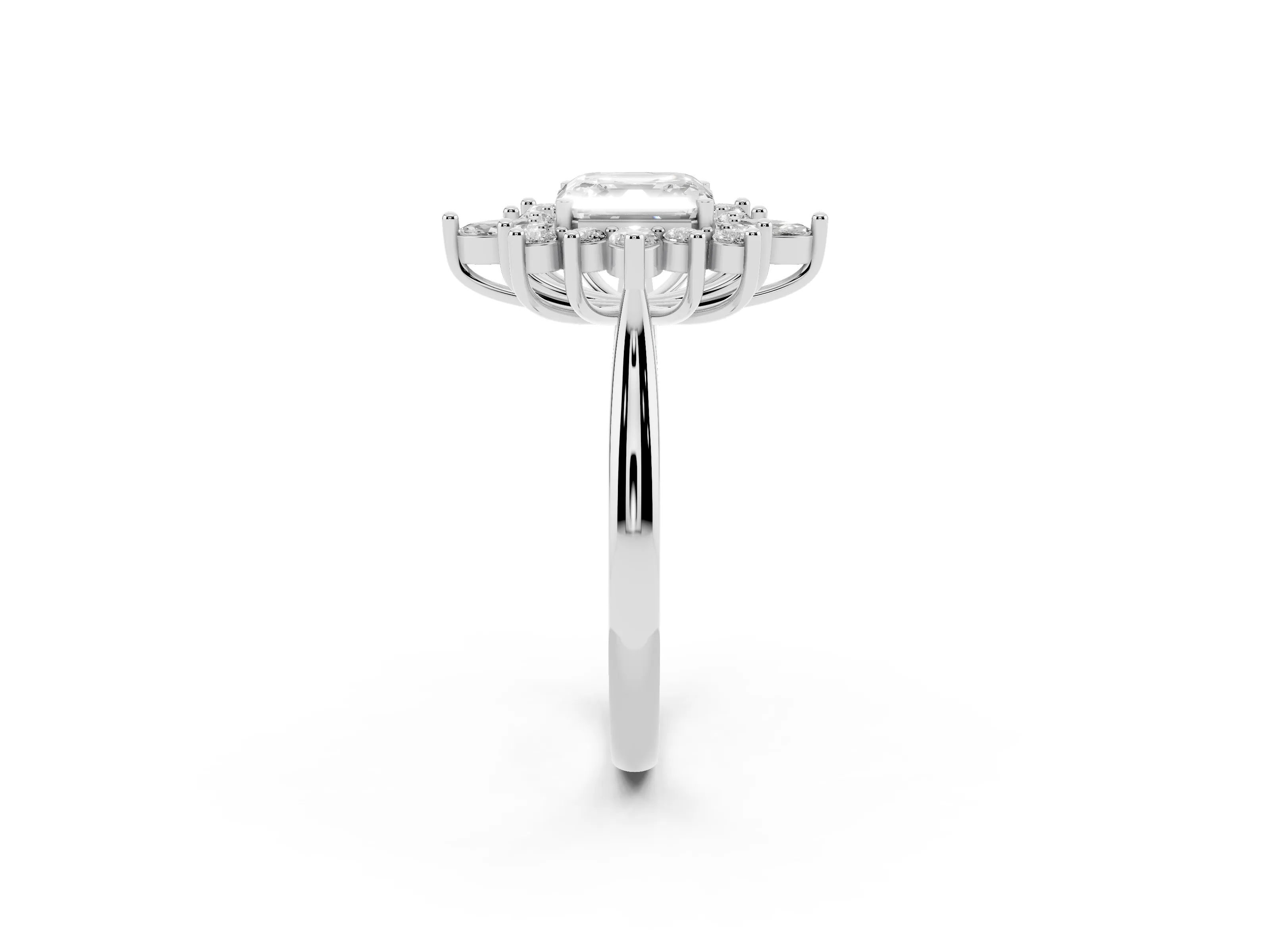 Asscher Cut Diamond Cluster Halo Ring Set in White gold with Marquise and Round Accents